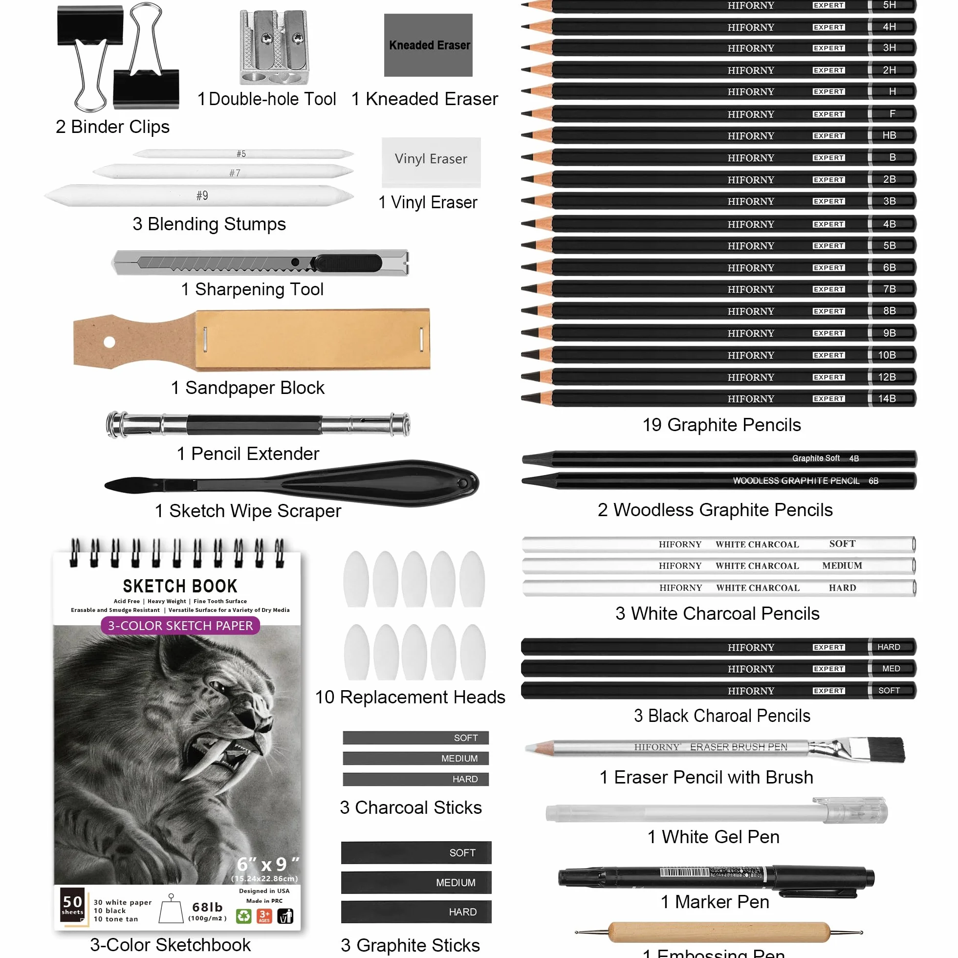 HIFORNY 60-teiliges Zeichen-Set, Skizzierstifte, Kunstzubehör mit 3-farbigem Skizzenbuch, Graphit, Kohle, Zeichenstifte für Erwachsene, Künstler, Kunststifte