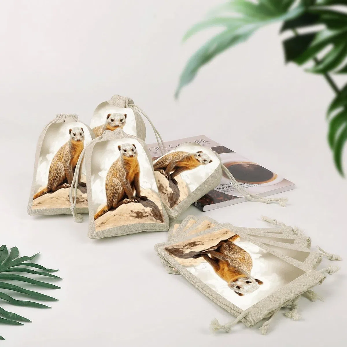 8 Stück Baumwollbeutel mit Kordelzug, wilde Erdmännchen, kleine Aufbewahrungstasche, wiederverwendbare Musselin-Tasche für Zuhause, Party, Hochzeit, Zubehör, Weihnachtsgeschenktasche
