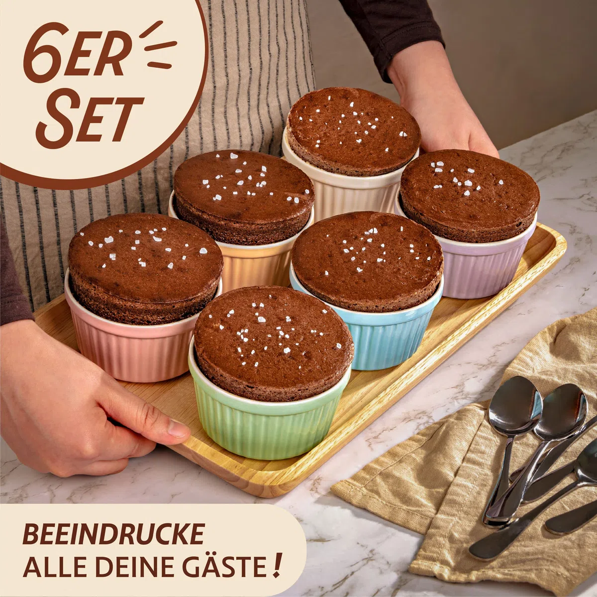 Praknu 6 Souffle Förmchen aus Keramik - Backofenfest - 200 ml - 9 cm - Stapelbar - Mit Antihaftbeschichtung