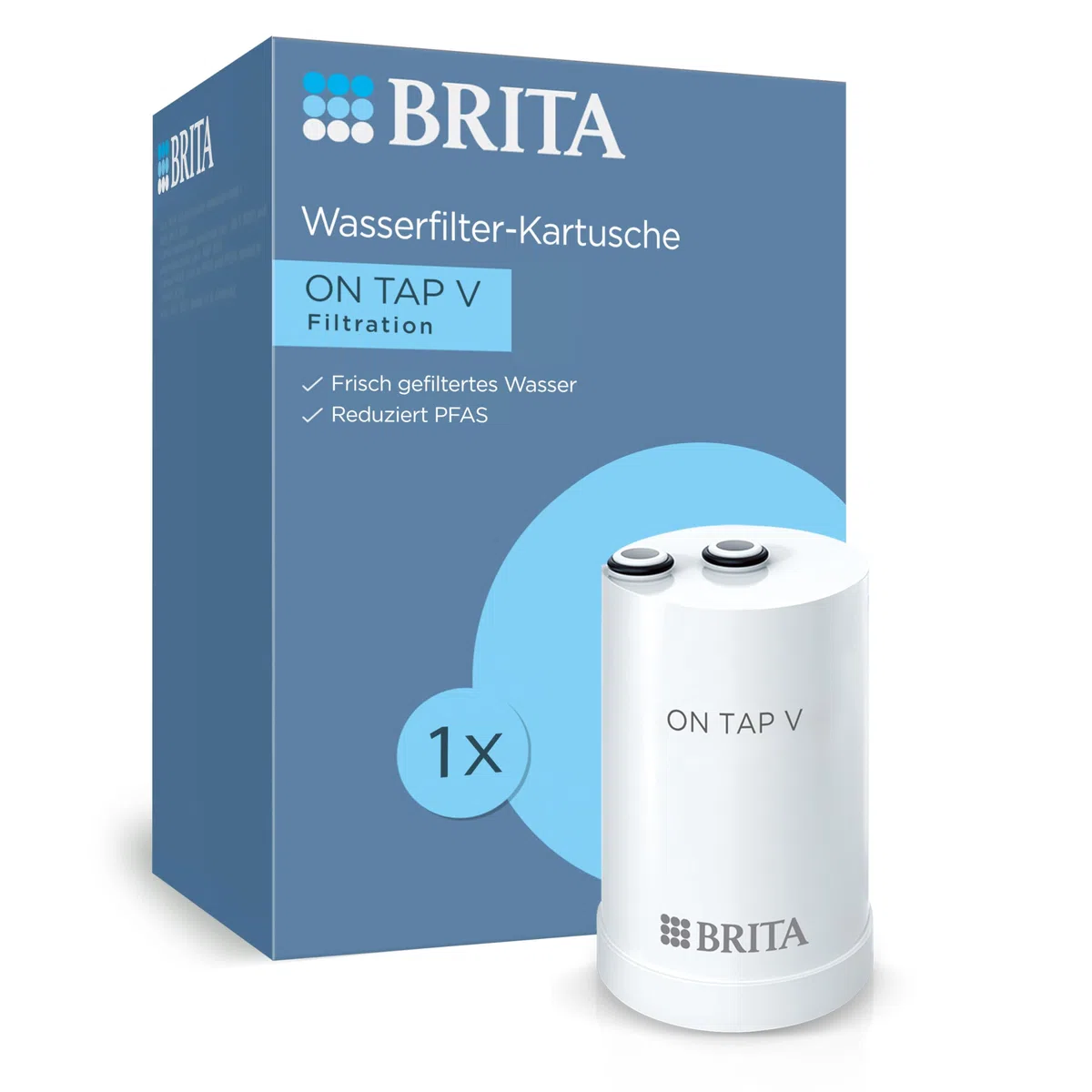 BRITA ON TAP V Wasserhahnfilter für Wasserhahn Filter Aufsatz ON TAP PRO und ON TAP (600 l) – Ersatzkartusche reduziert kleine Partikel, PFAS, Metalle und geschmacksstörende Stoffe wie Chlor