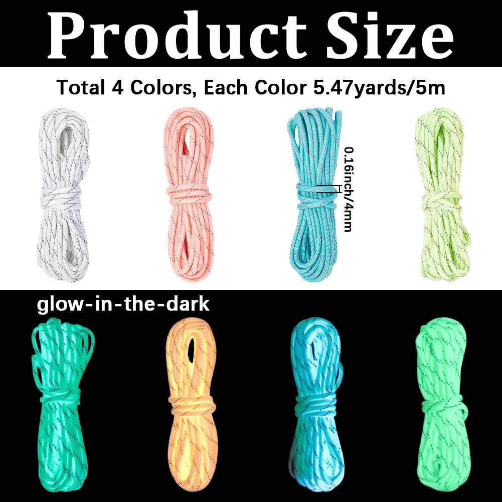 66 Fuß/20 m Paracord Set In 4 Farben (4mm): Reflektierendes Paracord Leuchtend Im Dunkeln (Blau Rosa Gelb Weiß). Multifunktions Paracord Lanyard Für Wandern DIY Armbänder Und Bastelarbeiten.