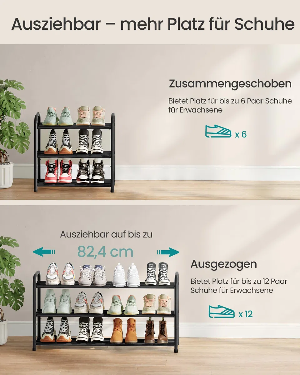 SONGMICS Schuhregal ausziehbar, Schuhablage, Schuh-Organizer mit verstellbaren Ablagen, Schuhaufbewahrung aus Metall, für Flur, Ankleidezimmer, Wohnzimmer, 3 Ebenen, tintenschwarz LMR036BD01