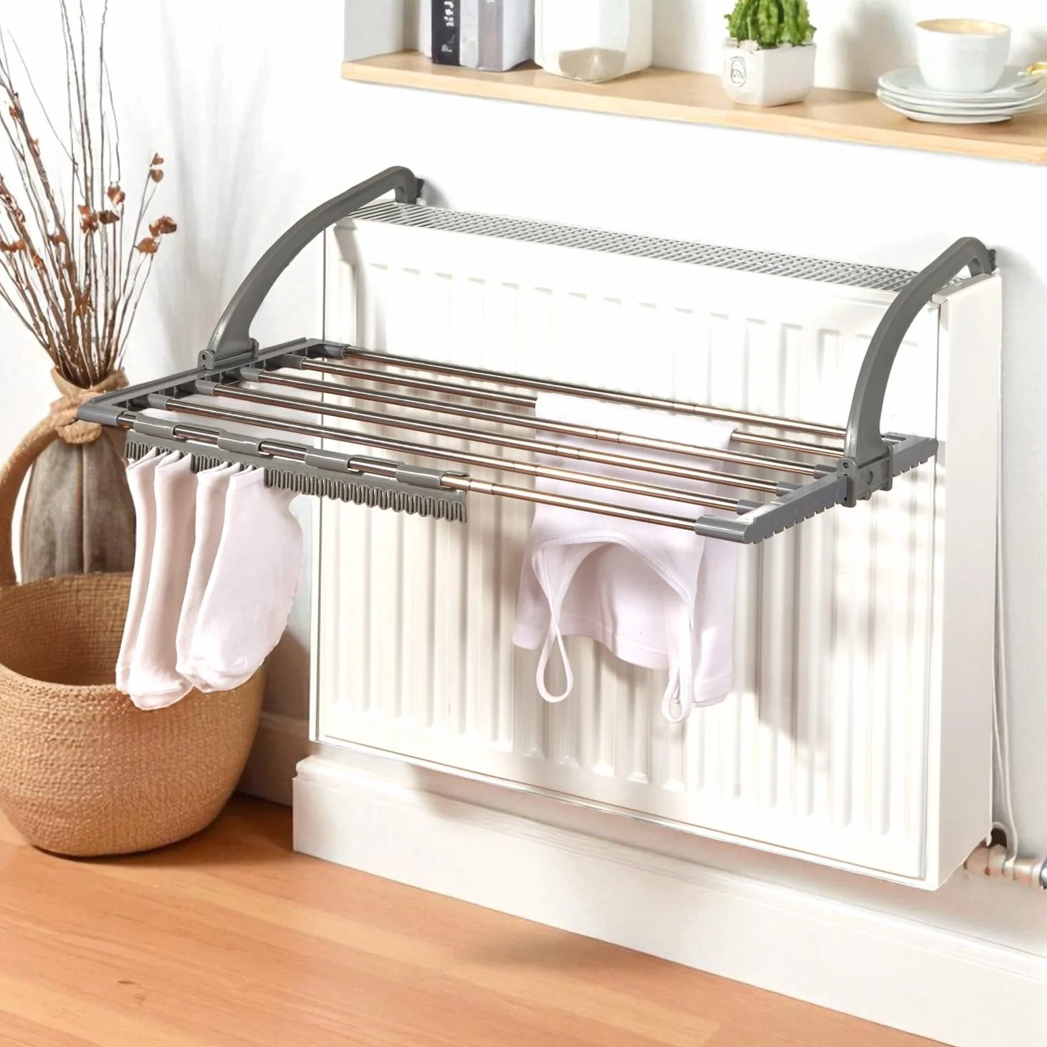 Heizkörper Wäschetrockner ausziehbar – Balkonwäschetrockner & Wäscheständer – Ideal für Heizkörper, Balkon & Badewanne – bis zu 4,5 m Trockenleine – Stabil & platzsparend – Inkl. Sockenclip