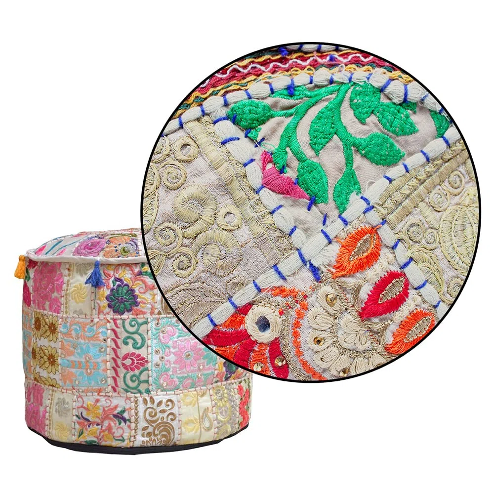 Indischer Pouf Fußhocker, ethnisch, bestickt, Baumwolle, rund, Beige, 56 x 36 cm
