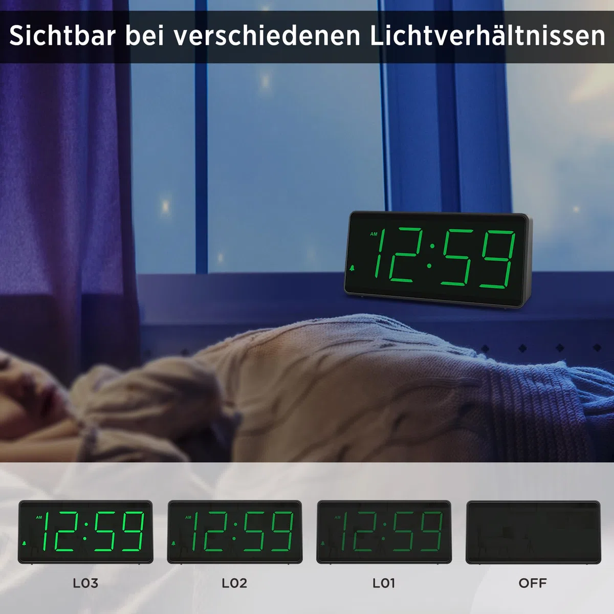 Eachui Wecker digital Batteriebetrieben mit großen Zahlen, Digitaler Wecker mit LED Display, regelbarer Helligkeit und Lautstärke, Automatischer Dimmer,Snooze, 12/24 Std (Grüne Ziffern)