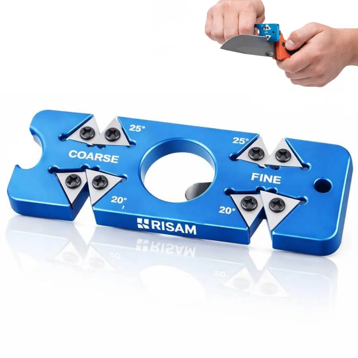 RISAM KITCHEN Messerschärfer klein – 6 in 1 Reise Messerschärfer Profi & Messerschleifer Knife Sharpener – Messer schärfen – 8,5 cm x 2,8 cm x 0,5 cm – 37,5 g – mit Clip & Anhänger