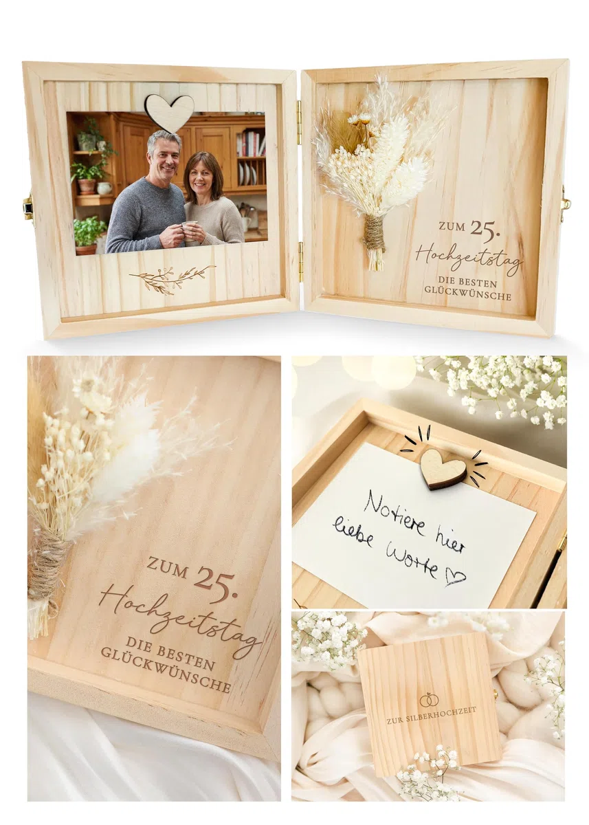 Joli Coon Silberne Hochzeit Geschenk - Zum 25. Hochzeitstag die besten Glückwünsche - Hochwertige Geschenk silberne Hochzeit Holzbox 14 x 14 x 3 cm