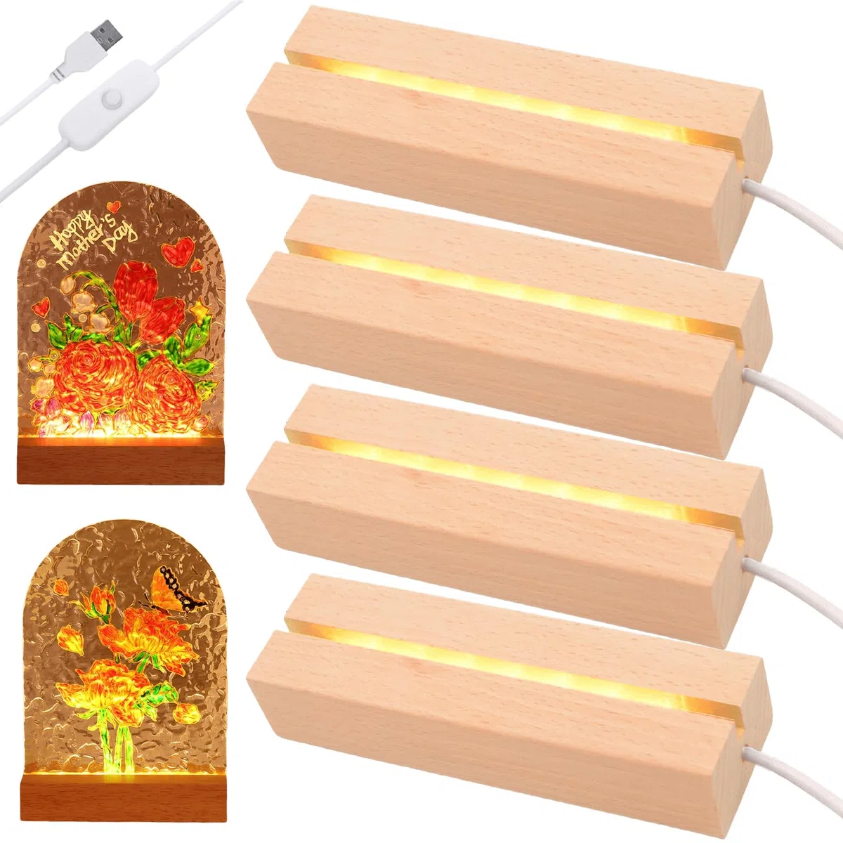 BAIFULAI 4 Stück LED Sockel Holz, 20cm Holzsockel, Lichtsockel mit USB-Schalter, Warme Farben, Leuchtsockel, Lichter Display Basis für 5 mm Dicke Acryl Platte Kristalle Glas Harz Kunst