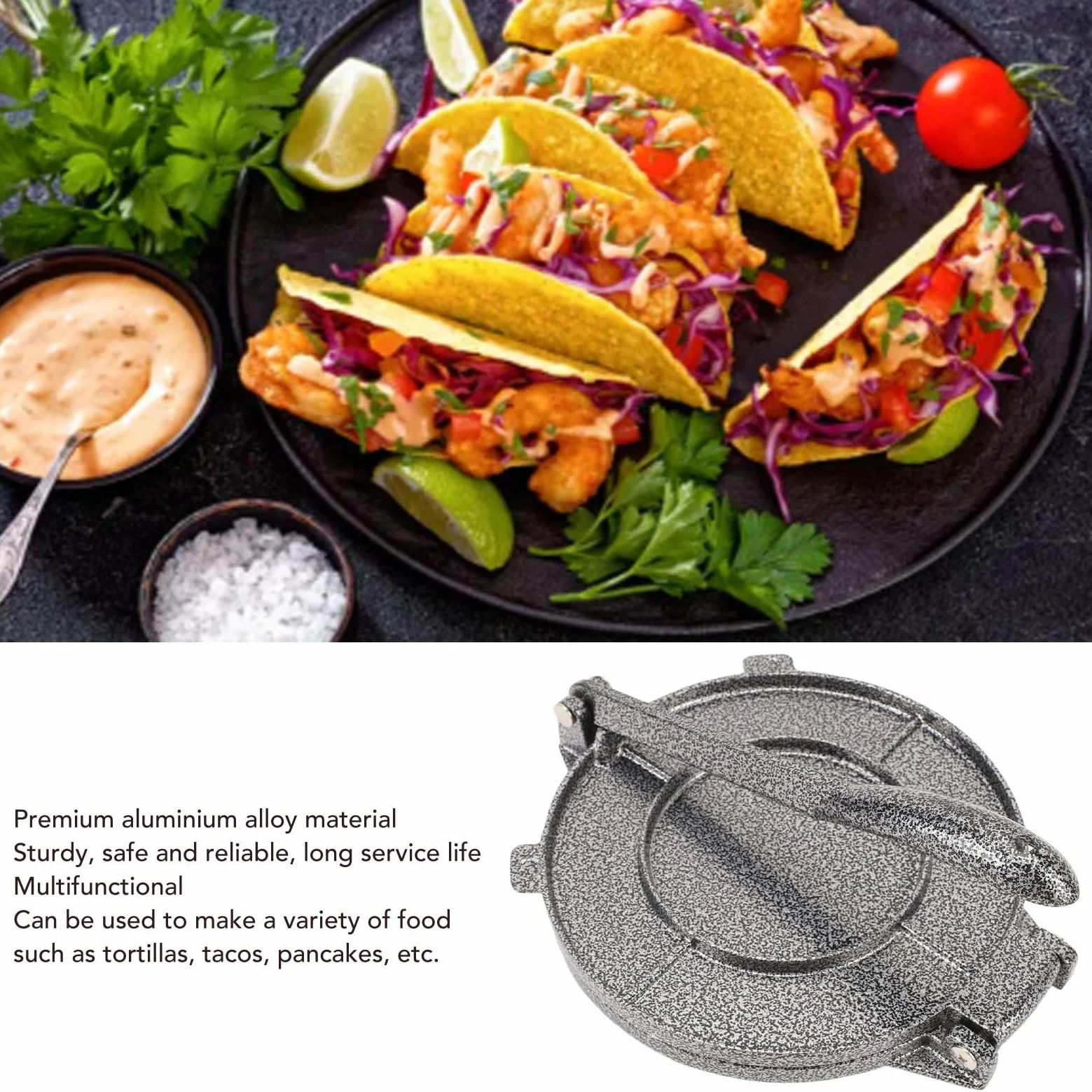 Fockety Tortillapresse, 6,3 Zoll Aluminiumlegierung Tortilla-Hersteller Mehl-Tortilla-Presser Roti Maker Taco-Presse mit Klappbarem Griff, Teigpresse für das Frühstück zu Hause