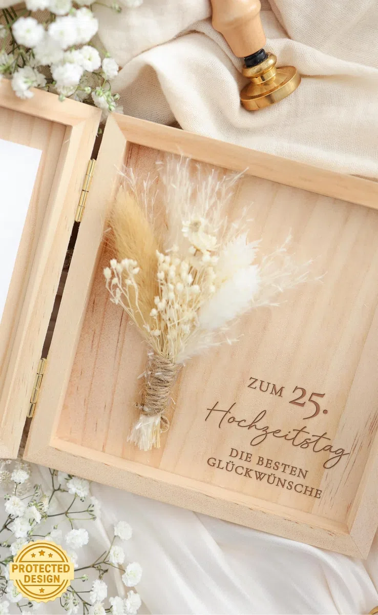 Joli Coon Silberne Hochzeit Geschenk - Zum 25. Hochzeitstag die besten Glückwünsche - Hochwertige Geschenk silberne Hochzeit Holzbox 14 x 14 x 3 cm