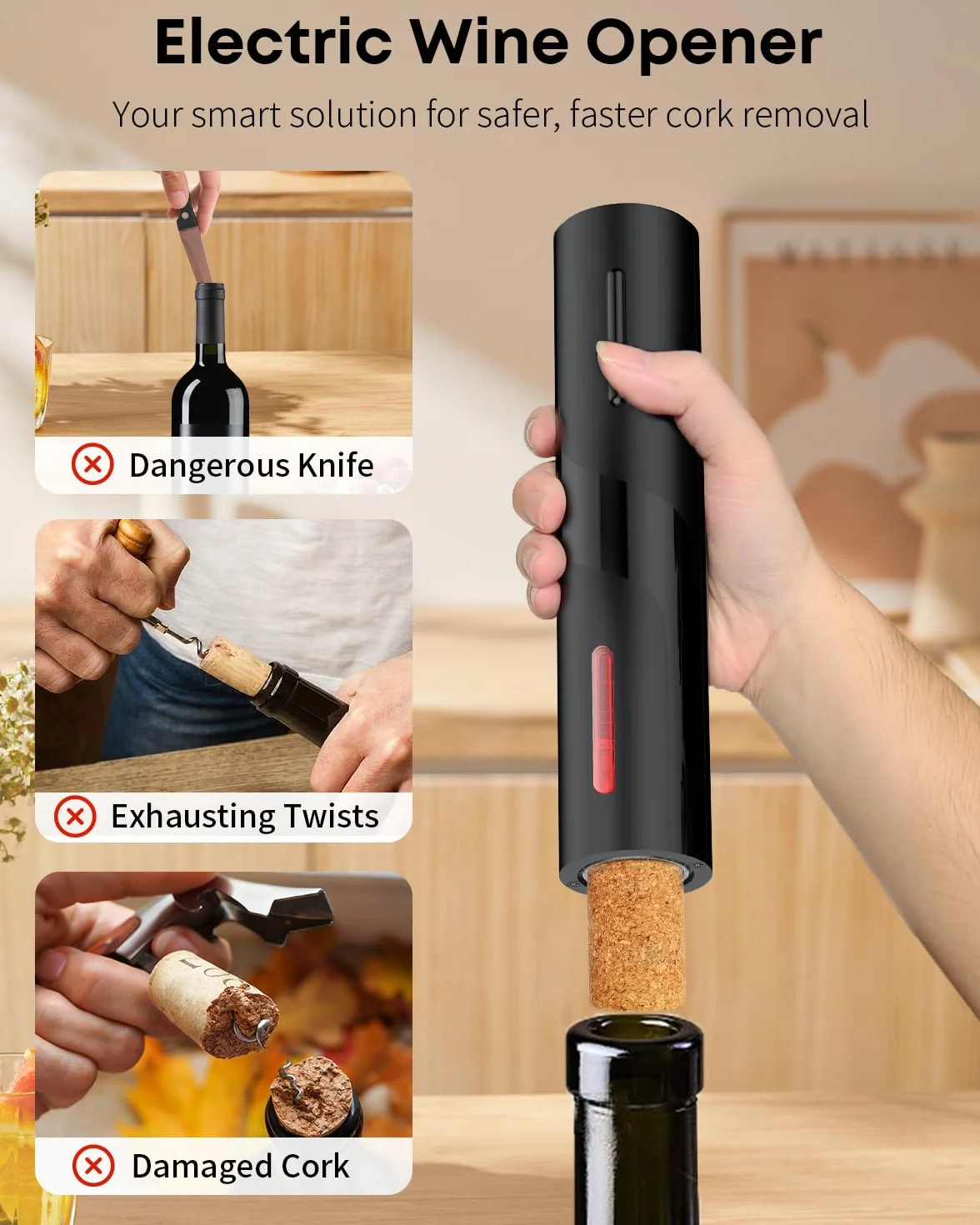 Pawfly Akku Elektrischer Weinflaschenöffner mit Folien Schneider Automatischer Weinöffner USB-C Aufladbarer Elektrokorkenzieher mit LED Licht Weinkorkenzieher für Hausbar Restaurant Party Hochzeit