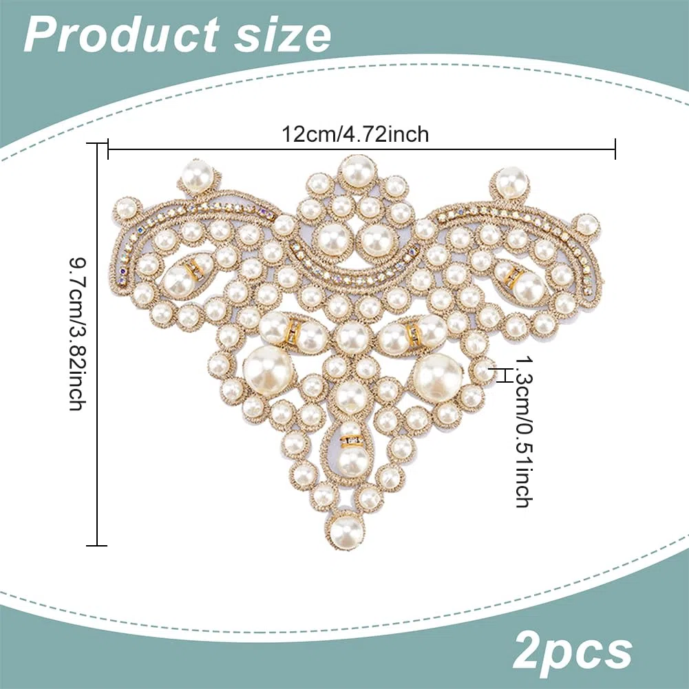 FINGERINSPIRE 2 Stück Perlen Schuhaufnäher Goldfarben Zum Aufnähen von Strass Imitationsperlen Perlenapplikationen DIY Applikationsaufnäher Glitzernde Perlen Blumenmuster Aufnäher Applikationen