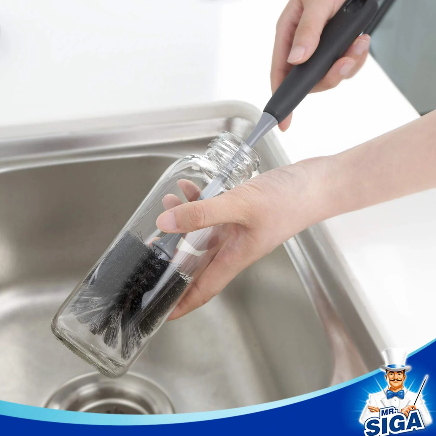 MR.SIGA Flaschenbürste mit langem Stiel, Flexible Bürste für Wasserflaschen, Glaswaren und Becher, Schwarz, 2er-Pack