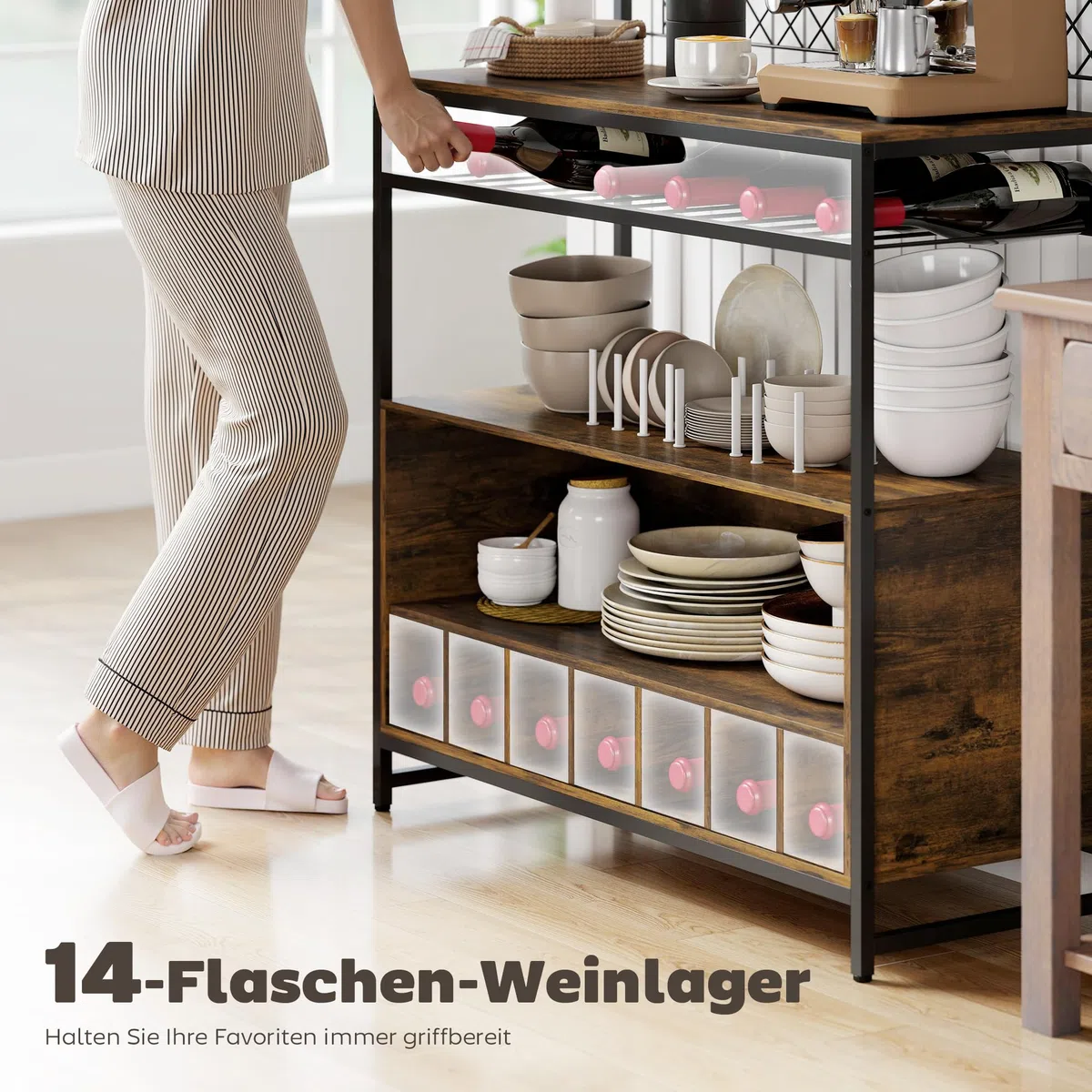 HOMCOM Küchenregal, Standregal mit 5 S-Haken, 2 Ablagen, Metallgitterpaneele, Kaffeebar mit Weinregal, Bäckerregal aus Metallrahmen, Rustikal-Braun, 96,5 x 38 x 165 cm