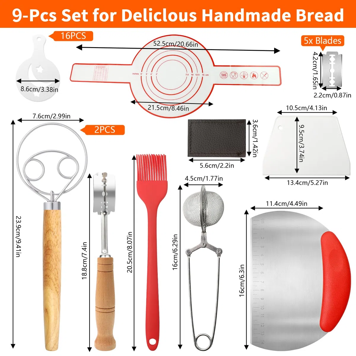 Sauerteig Zubehör Bäckermesser, Bäckermesser Set,Sauerteig Starter Inkl.2 Stk Dänischer Schneebesen,Teigmesser mit 5 Bäckerklinge Teigschneider,Backpinsel (9, Premium-Set)