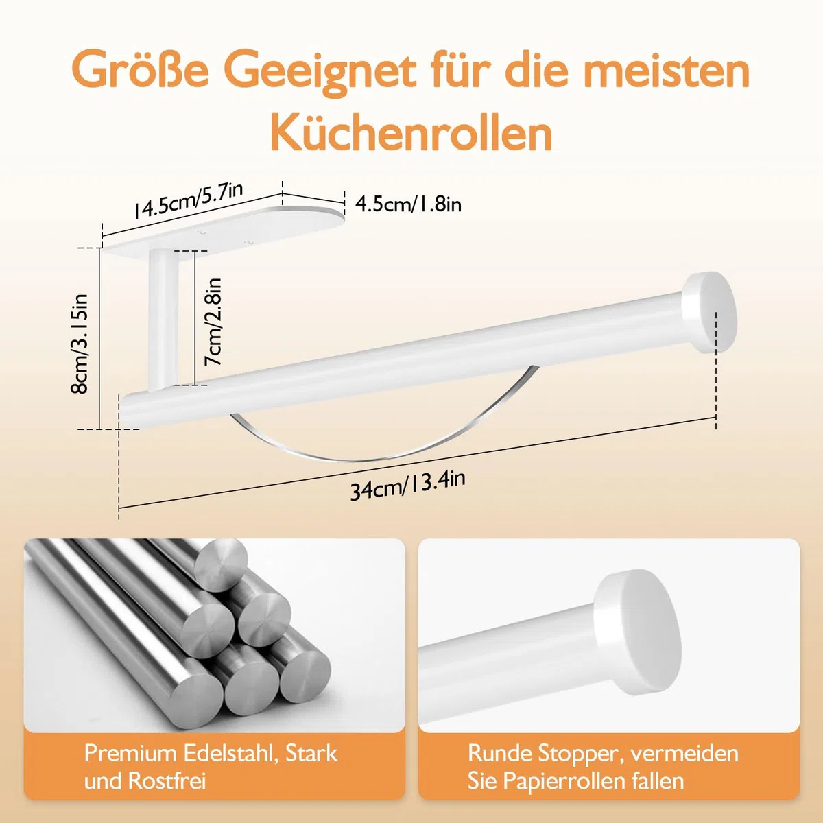 Küchenrollenhalter Ohne Bohren, Mit Abroll-Bremse Küchenpapierhalter Selbstklebend, Papierrollenhalter Edelstahl Küche Rollenhalter Wand oder Unter Schrank (Weiß)