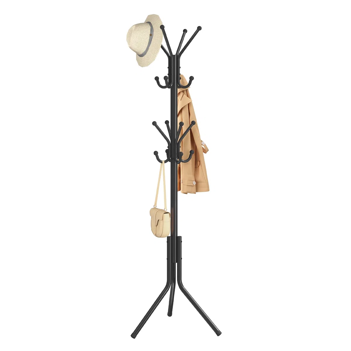 SONGMICS Kleiderständer, Garderobenständer aus Metall, Garderobe, für Kleidung, Taschen und Hüte, Höhe 175 cm, mit 16 Haken, Eingangsbereich, Wohnzimmer, Schlafzimmer, tintenschwarz RCR081BH01
