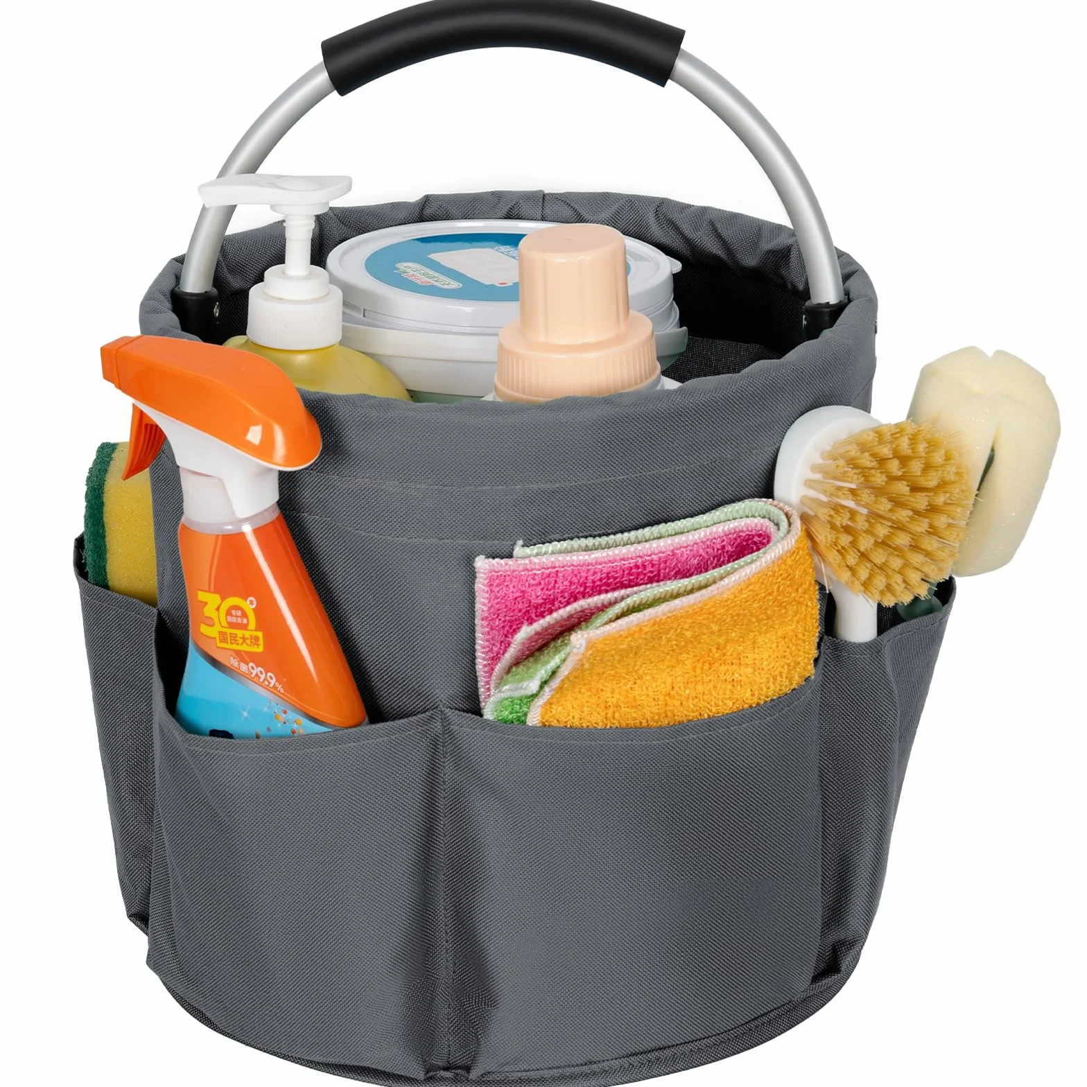 Reinigungs-Caddy-Organizer mit Griff, faltbar, Grau | Reinigungseimer, Werkzeugtasche mit mehreren Taschen, Für Reiniger und Haushälter