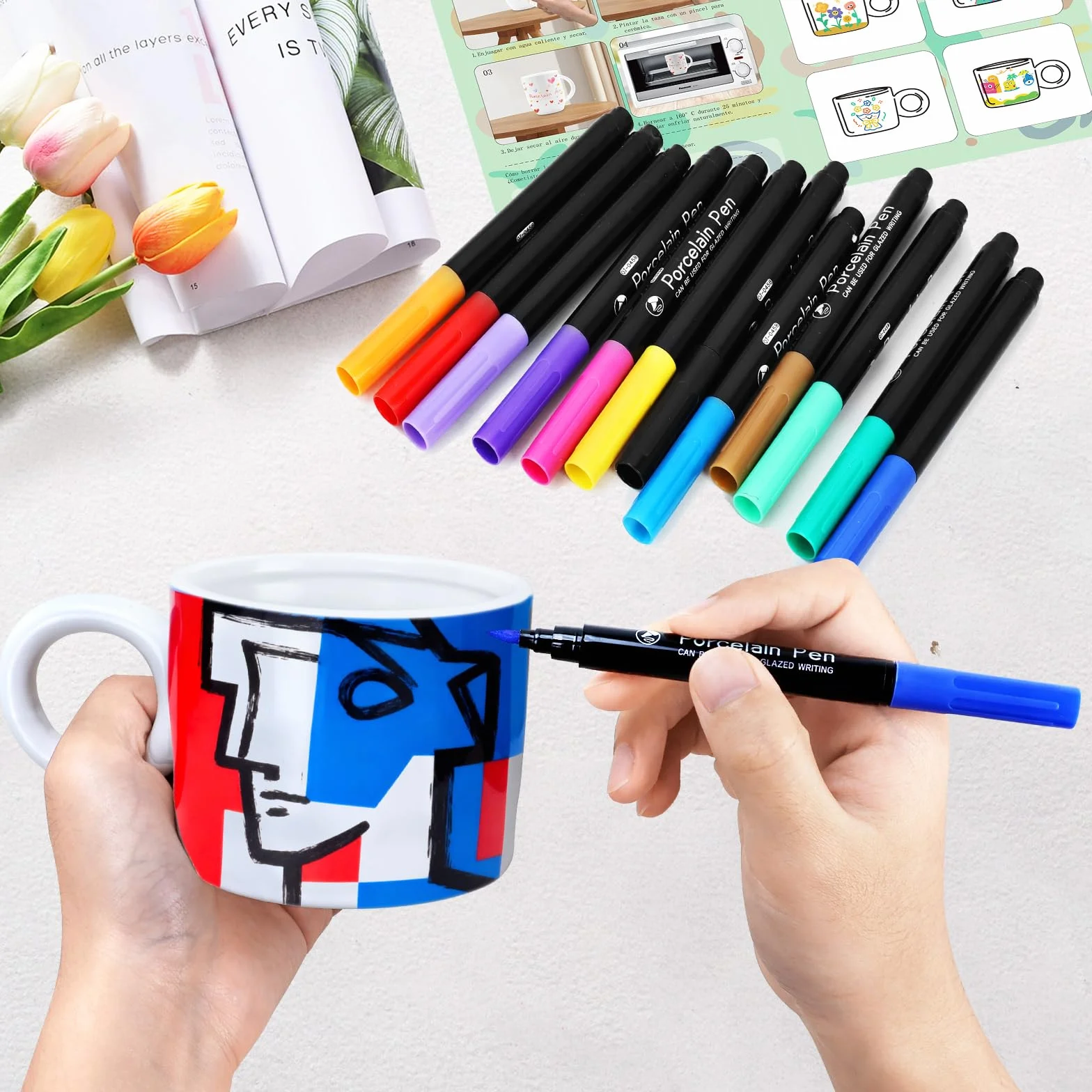 Philorn Keramik Tassen Bemalen Set DIY WeißE Porzellan Tassen Set mit 12 Ungiftige Porzellanstifte und Malinspirationen Kreatives Bastelset Erwachsene DIY Geschenk
