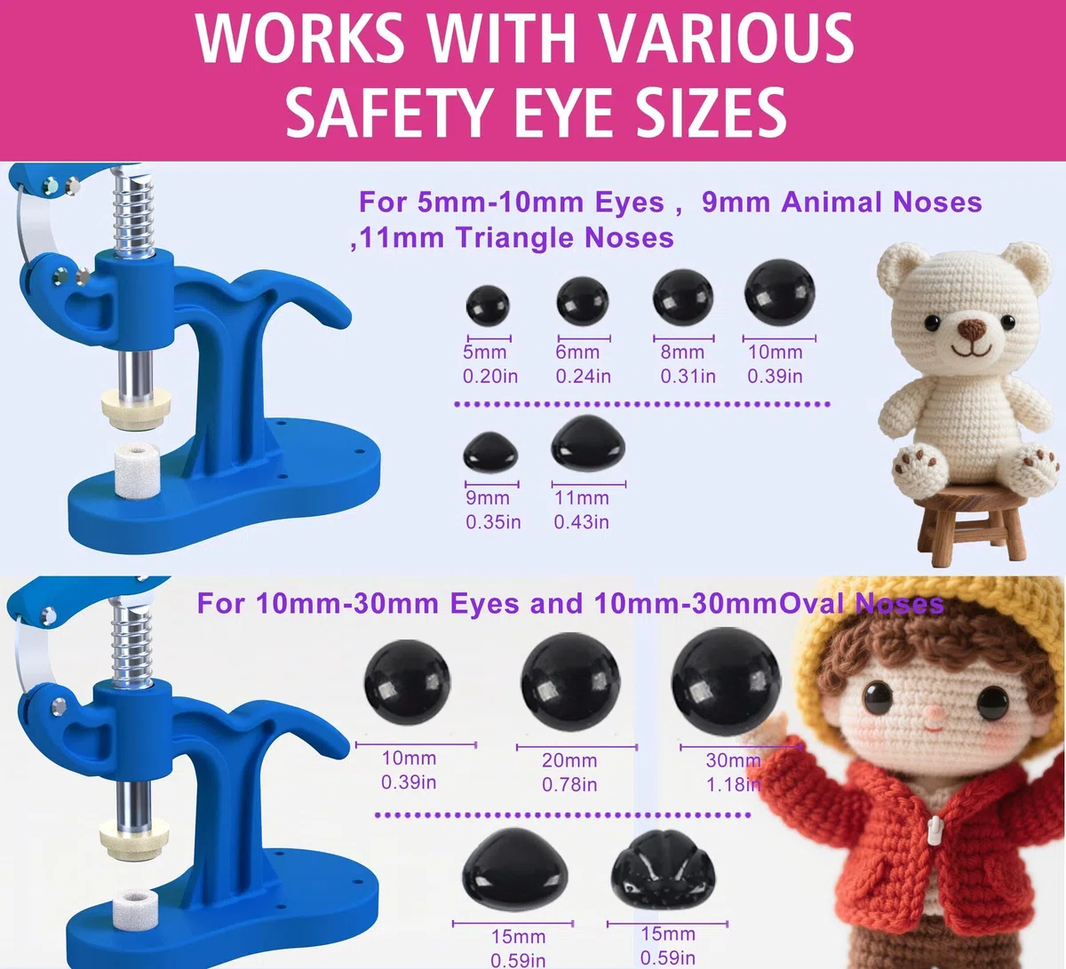 Montagewerkzeug für Sicherheitsaugen Häkeltiere, Amigurumi Augen Tool für Knopfaugen & Steckaugen 5 – 45mm, Sicherheitsaugen Zange zum Anbringen von Häkel Augen, DIY Puppenaugen & Kuscheltier