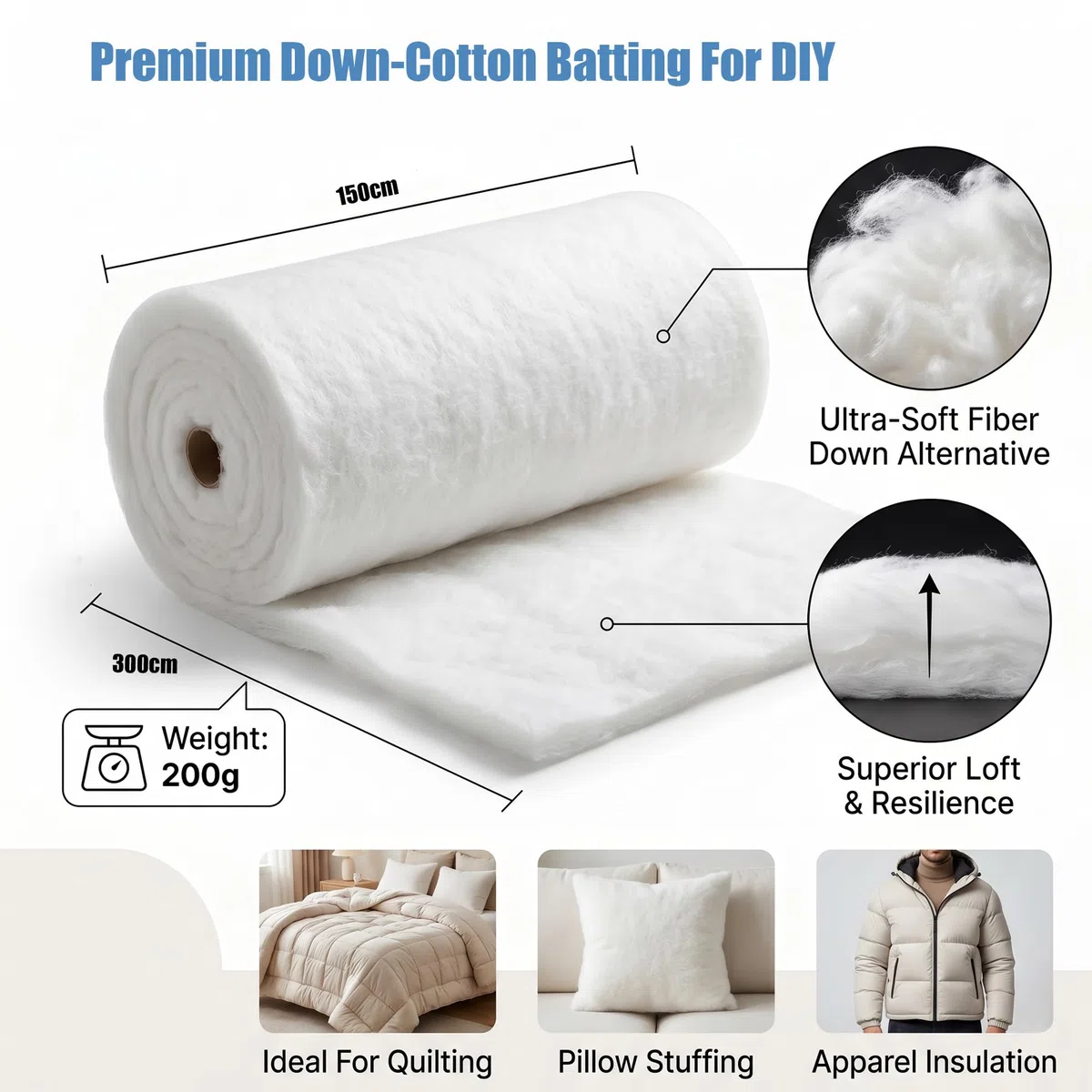 RANJIMA Volumenvlies 200g/m² 1,5x3m Polsterwatte Polstervlies Meterware 100% Polyester ca 20mm dick waschbar Patchwork Quilt Vlies Füllwatte für Nähen Quilten Polstern Basteln Vlieswatte Füllung