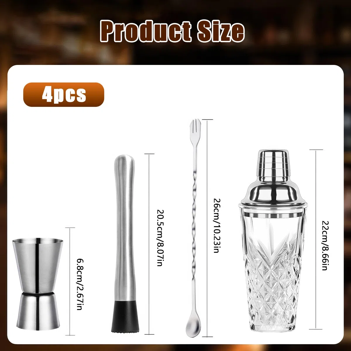 OUZHOU Cocktail Shaker, 4 Stück Cocktail Set Cocktail Shaker Glas mit Auslaufsicherem Edelstahl-Deckel, Boston Shaker Coktailshakerset mit Weinmessbecher Rührstäbchen Eisstampfer für Haus und Bar