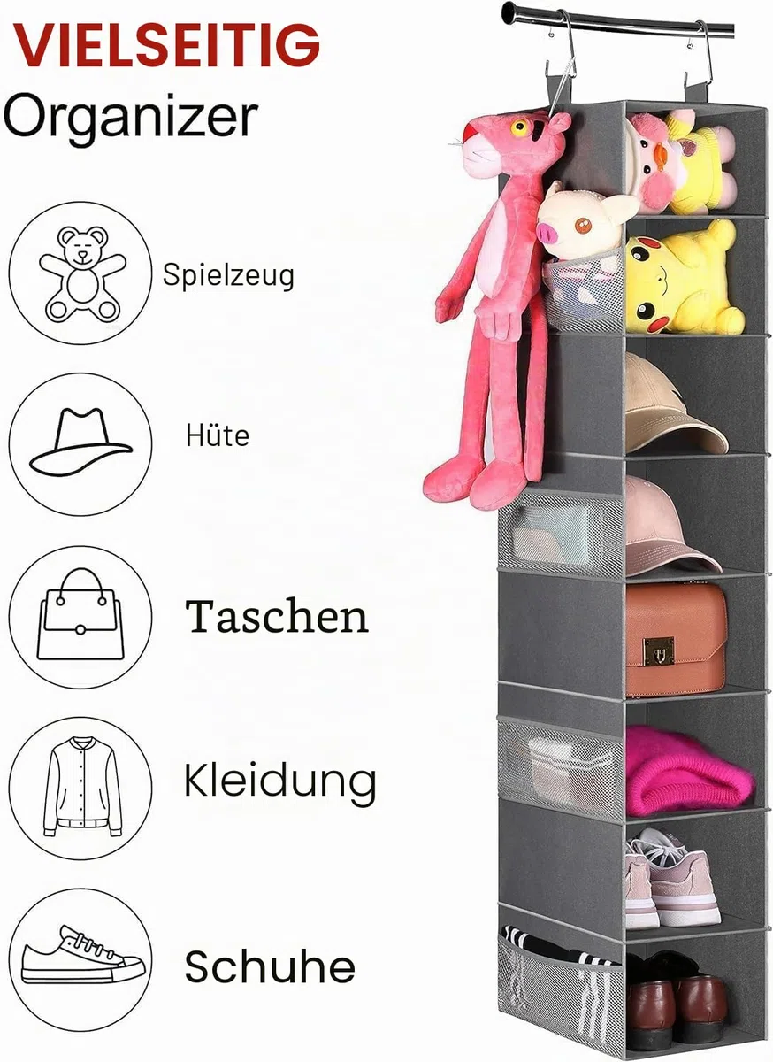 MISSLO 8-Regal Hängende Schuh Organizer Kleidung Schrank Organizer und Aufbewahrungsregale Huthalter mit großem Regal und seitlichen Mesh Taschen für Hüte Handtaschen Kid Pullover, grau