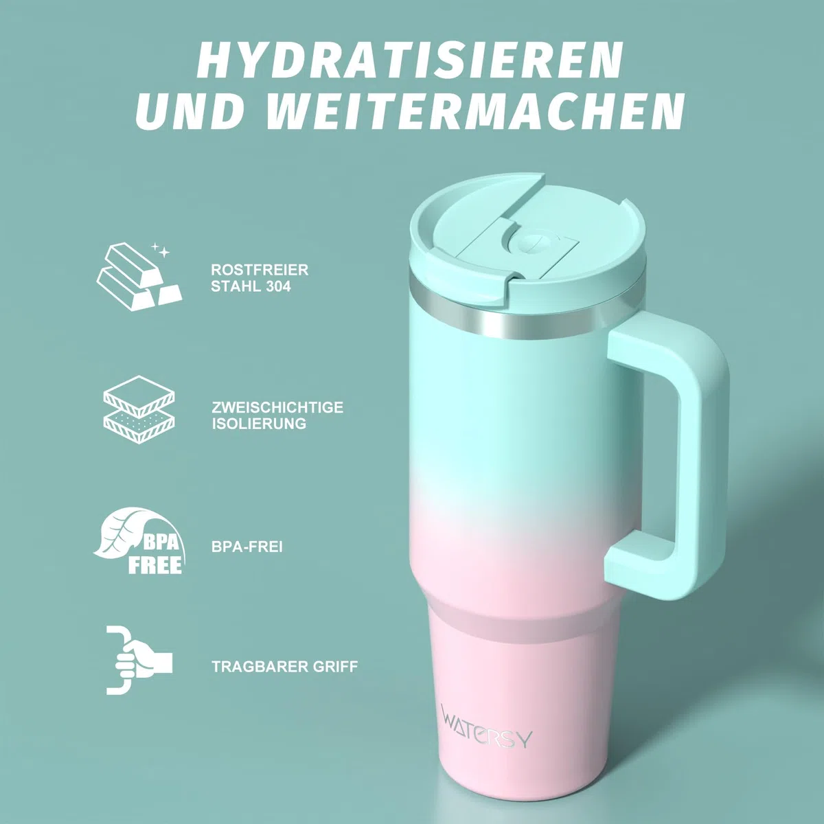 WATERSY 1.2L Thermobecher mit 2 Strohhalmen, Trinkbecher Auslaufsicherer Kaffeebecher To Go Vakuum-Isoliert mit BPA frei Schraubdeckel, Trinkflasche Kühlt 12 Stunden,Bonbonrosa
