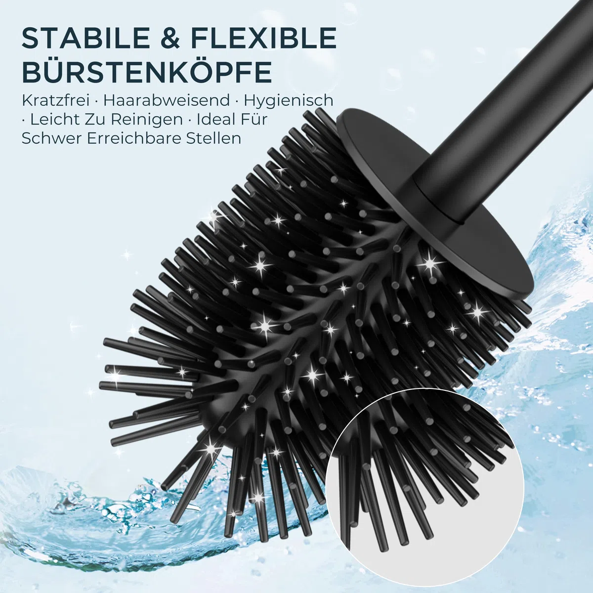 FORIOUS Silikon Toilettenbürste aus Edelstahl, 50 cm Extra Langer Griff, Anti-Spritz Design, Inkl. Ersatzkopf & Abnehmbarem Innenbecher – Saubere, Hygienische WC Bürste/Klobürste Schwarz für Bad