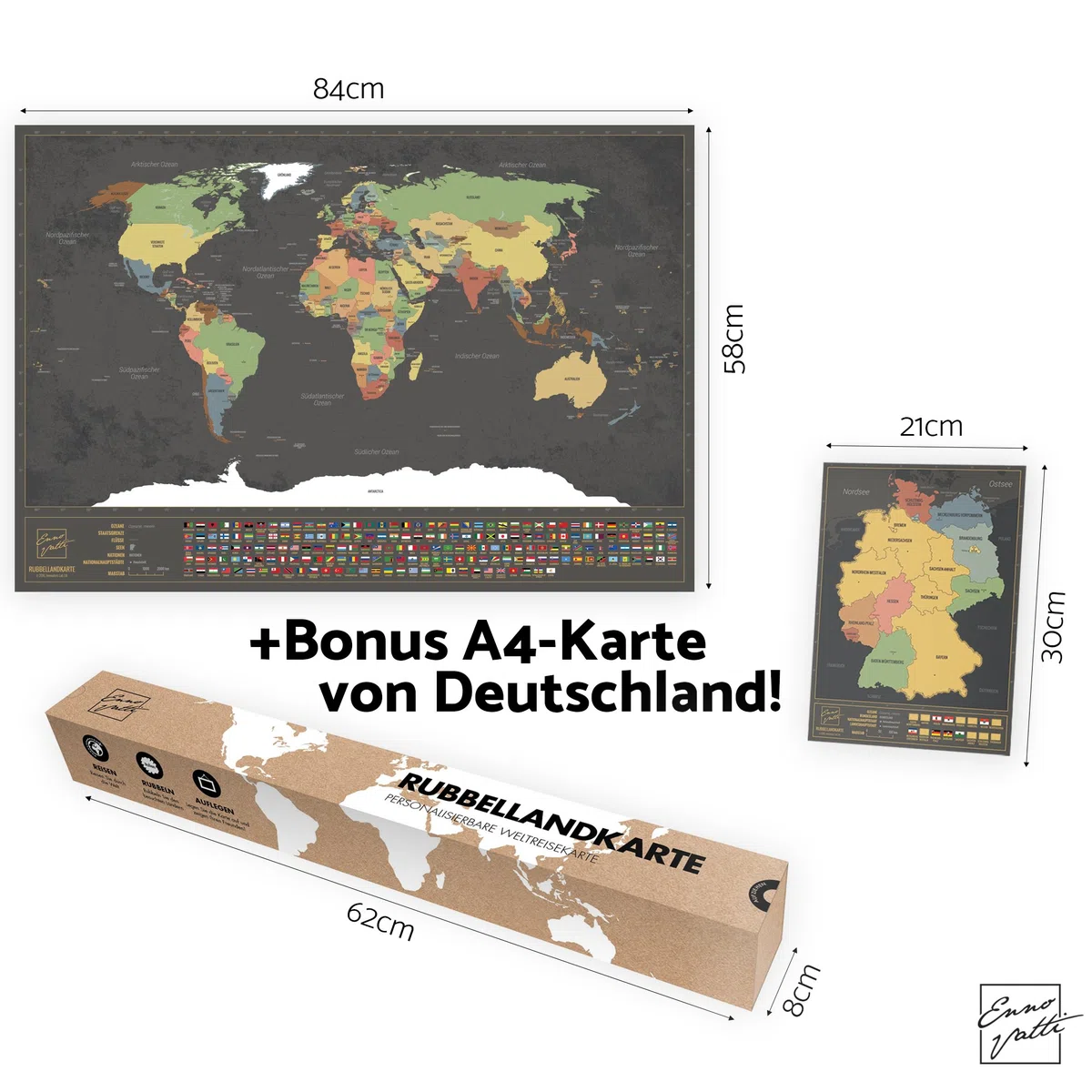 Rubbel Weltkarte (Deutsch) +A4 Rubbelkarte von Deutschland (Schwarz 84 x 58 cm)