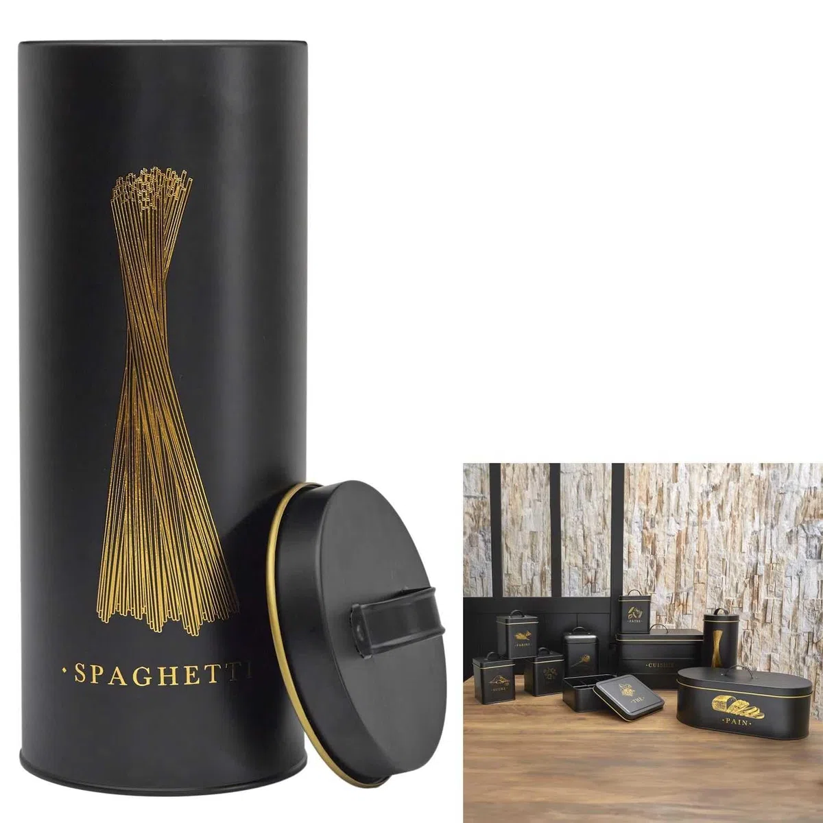 COOK CONCEPT, BT6814, Elegant Metal Box for Spaghetti, modern Design, optimal Protection Against Humidity, Easy to clean, Generous Capacity, airtight, Black and Gold, 1.5L