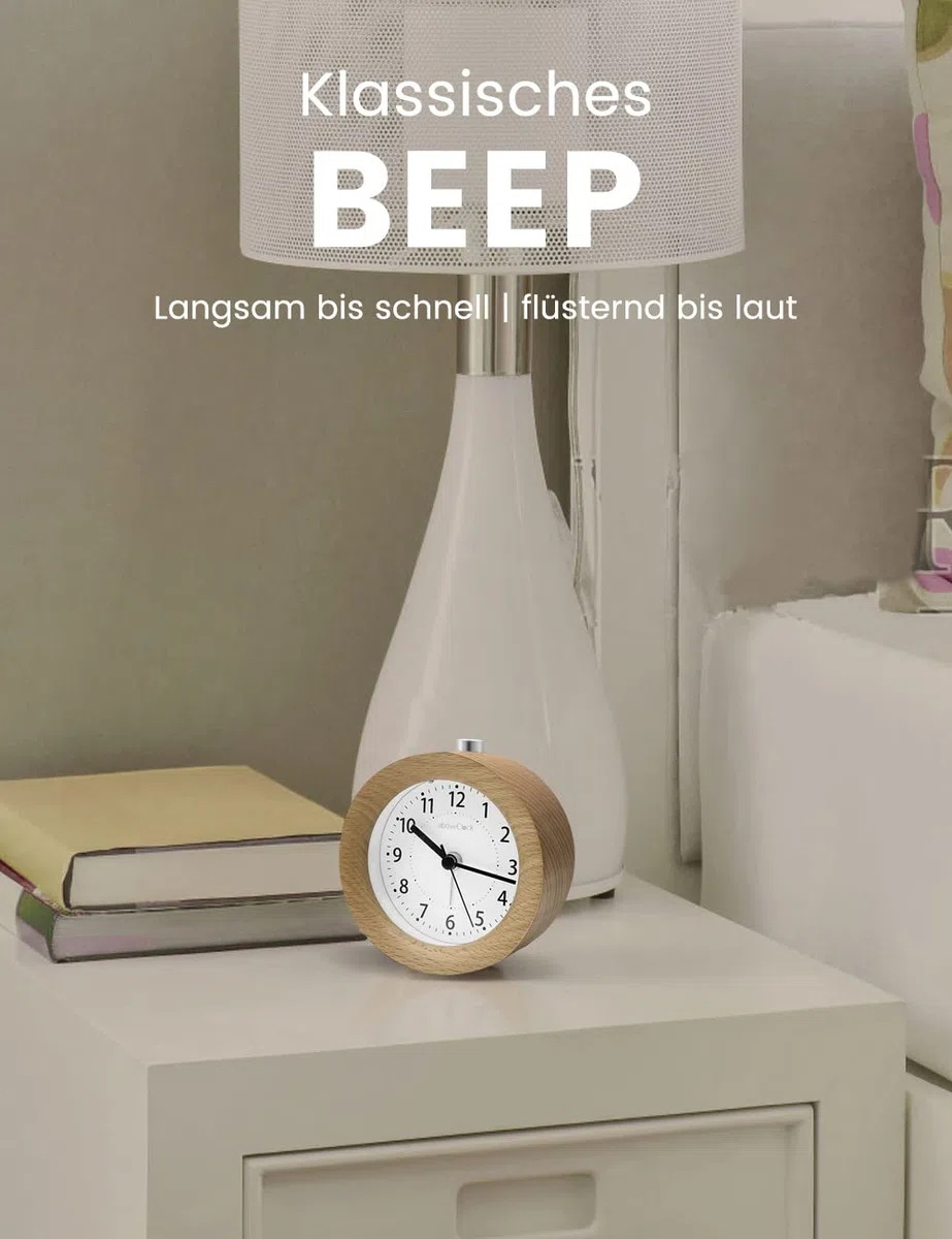 aboveClock Wecker Analog Ohne Ticken, Wecker Holz mit Snooze, Nachttisch Tischuhr mit Nachtlicht, reisewecker mit Batteriebetriebe (1*AA-Batterie benötig) - Naturholz in Hellbraun