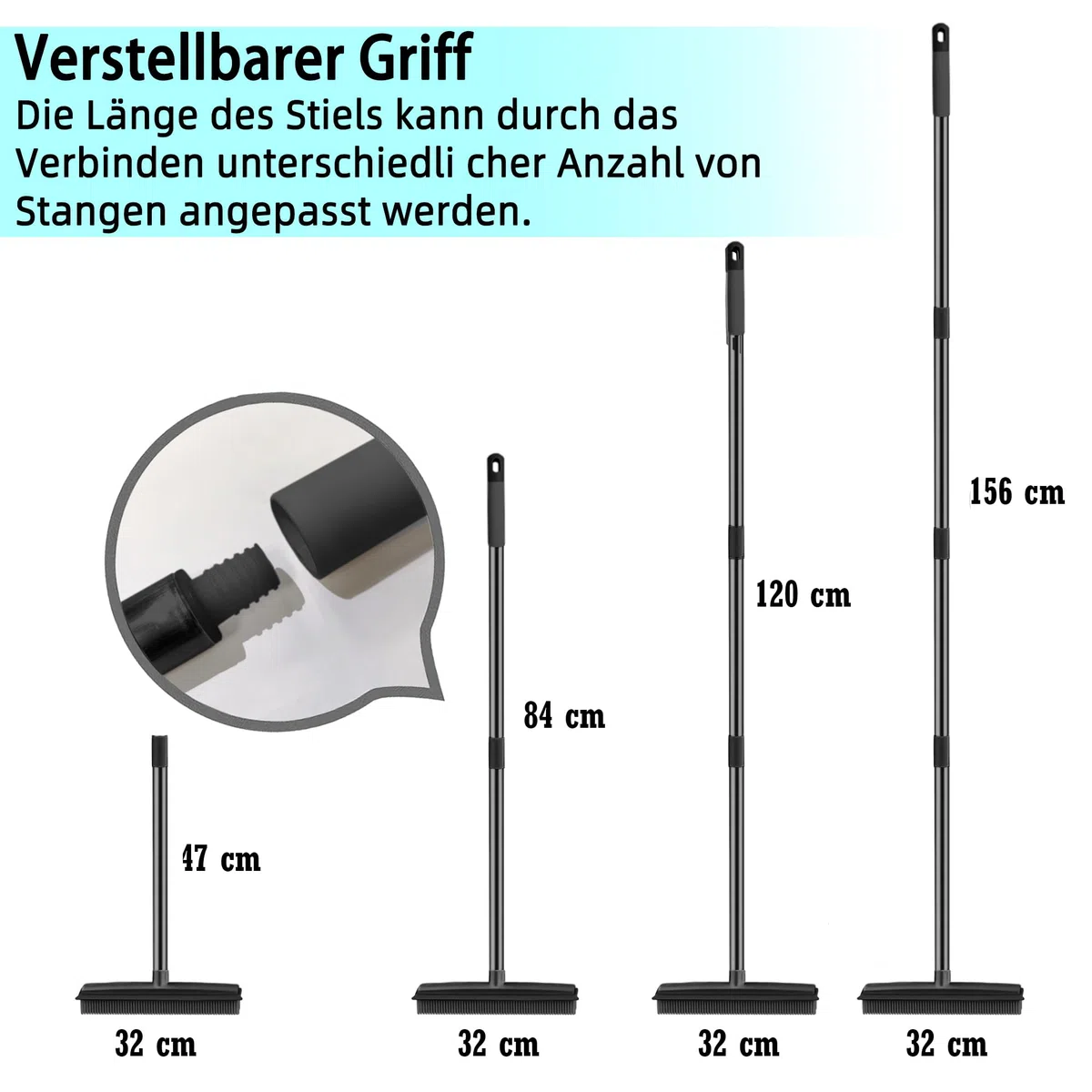 2 in 1 Gummibesen mit Stiel, 156cm Langen Stiel Besen zum Entfernen von Tiere Katzen Hunde Haare Teppichbürste Bodenbürste Kehrbesen für Innen- und Außenbereich Schrubbe (Schwarze Fellentfernung)