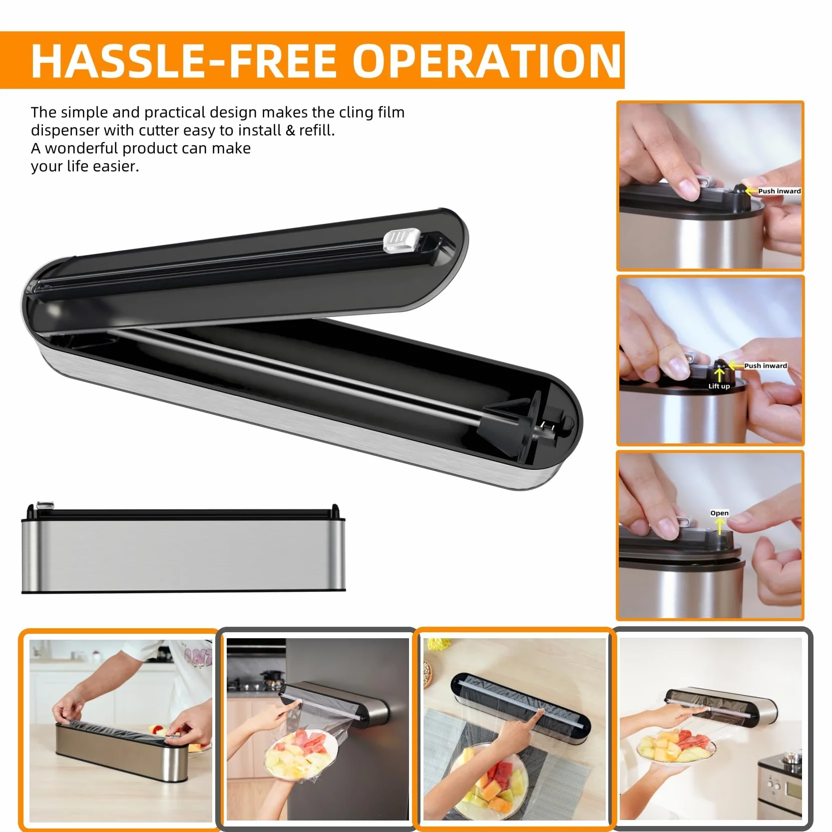Frischhaltefolienspender Edelstahl-Optik - Magnetisch & Wandmontage, Verbessert Folienspender Schublade - Saubere Schnitte, Folienschneider für Frischhaltefolie & Alufolie - 2er-Pack, Silber