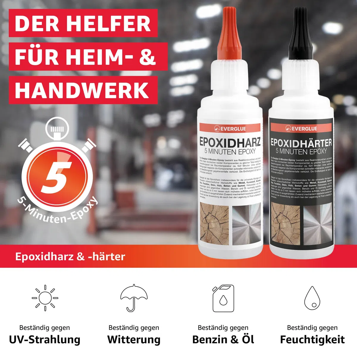 Everglue 5 Minuten Epoxy 200g 2K Epoxidharz mit Härter transparent und hitzebeständig zum Kleben und Versiegeln von Metall Kunststoff Keramik Glas Holz CfK Carbon GfK Glasfaser Marmor Beton Styropor