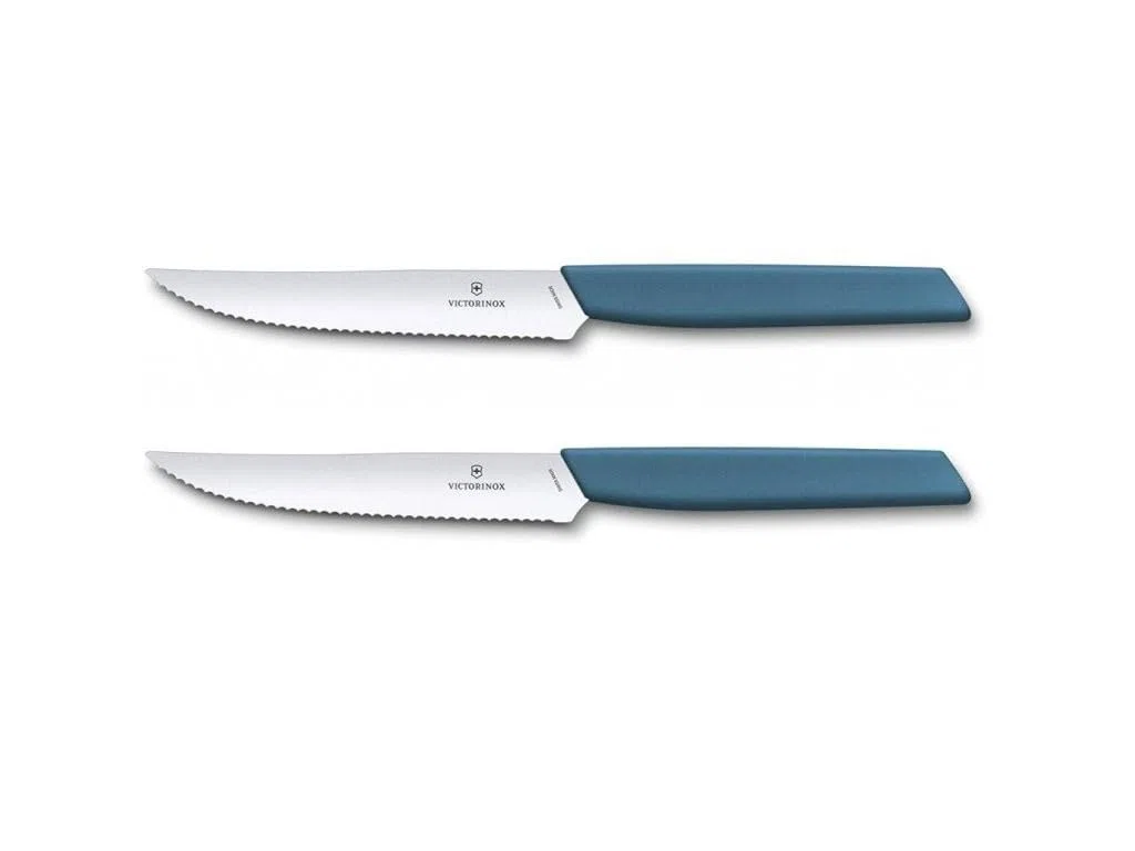 Victorinox Swiss Modern, Profi Steakmesser Set, 2-teilig, Extra Scharfe Klinge, Wellenschliff, 12 cm, Rostfreier Stahl, blau
