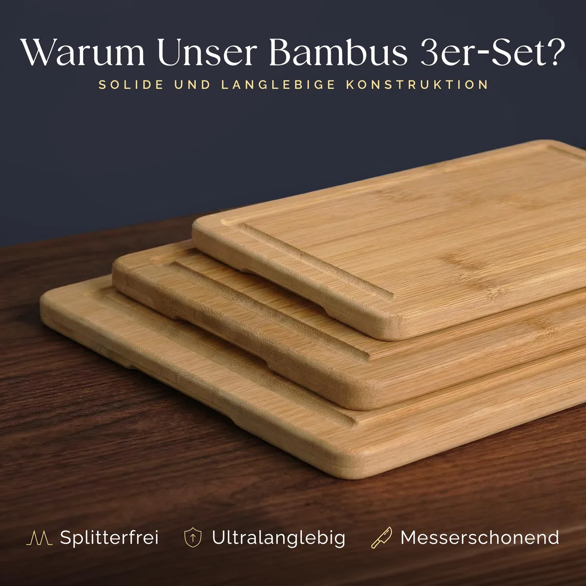 Deer & Oak Schneidebrett Holz Set 3-teiliges Vorgeölt Bambus Schneidebrett mit Griff & Saftrille, Küchenbrett, Schneidebretter Holz, Schneidbrett, Holzbrett Küche