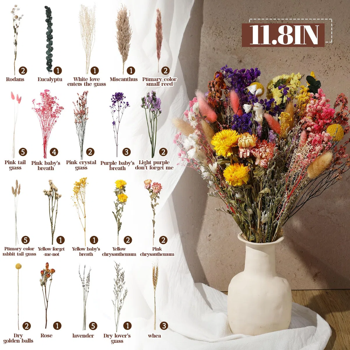 46 Stück Trockenblumenstrauß Deko Set, 15 Sorten Trockenblumen Blumen, Bunt Getrocknete Blumen, Natürlichen Strohblumen für Wohnzimmer Home Hochzeit Vasen Tischdeko