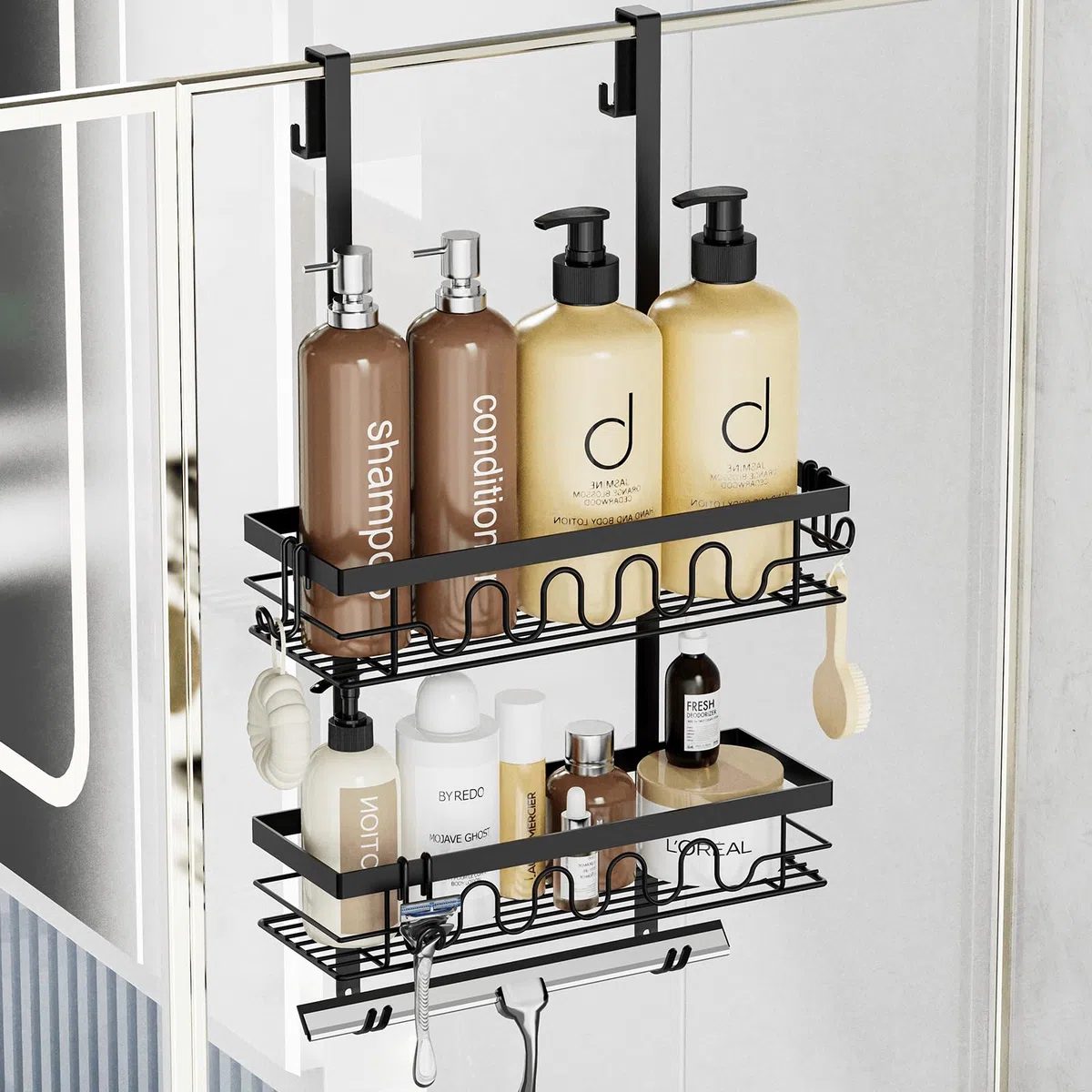 Duschablage ohne Bohren, Duschablage zum Hängen für Duschwand, Duschregal ohne Bohren mit 2 Duschkörben, Duschregal zum Hängen Shampoo Halterung für Dusche Schwarz
