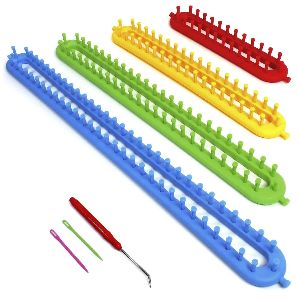igadgitz home U7217 Langer Strickwebstuhl, Strickrahmen Lang Set, Lange Strickringe mit Garnnadel & Häkelnadel, 4 Größen pro Set - Mehrfarbig