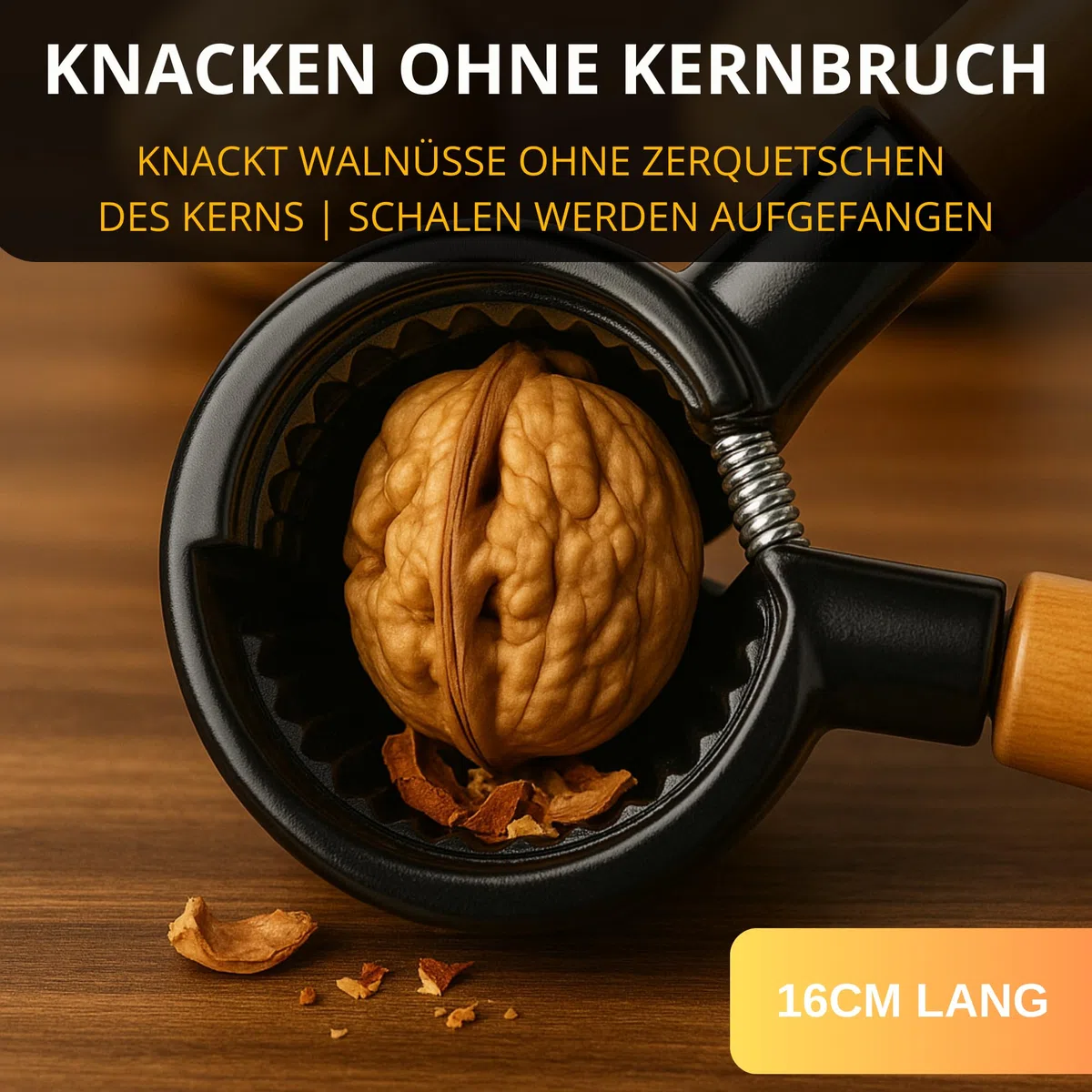 Thiru Nussknacker mit edlem Holzgriff 16cm - 100 Tage risikofrei testen - Walnussknacker für Hasel-, Paranüsse - ohne Kernzerquetschung - inkl. E-Book mit Rezepten - Leichte Kraftübertragung