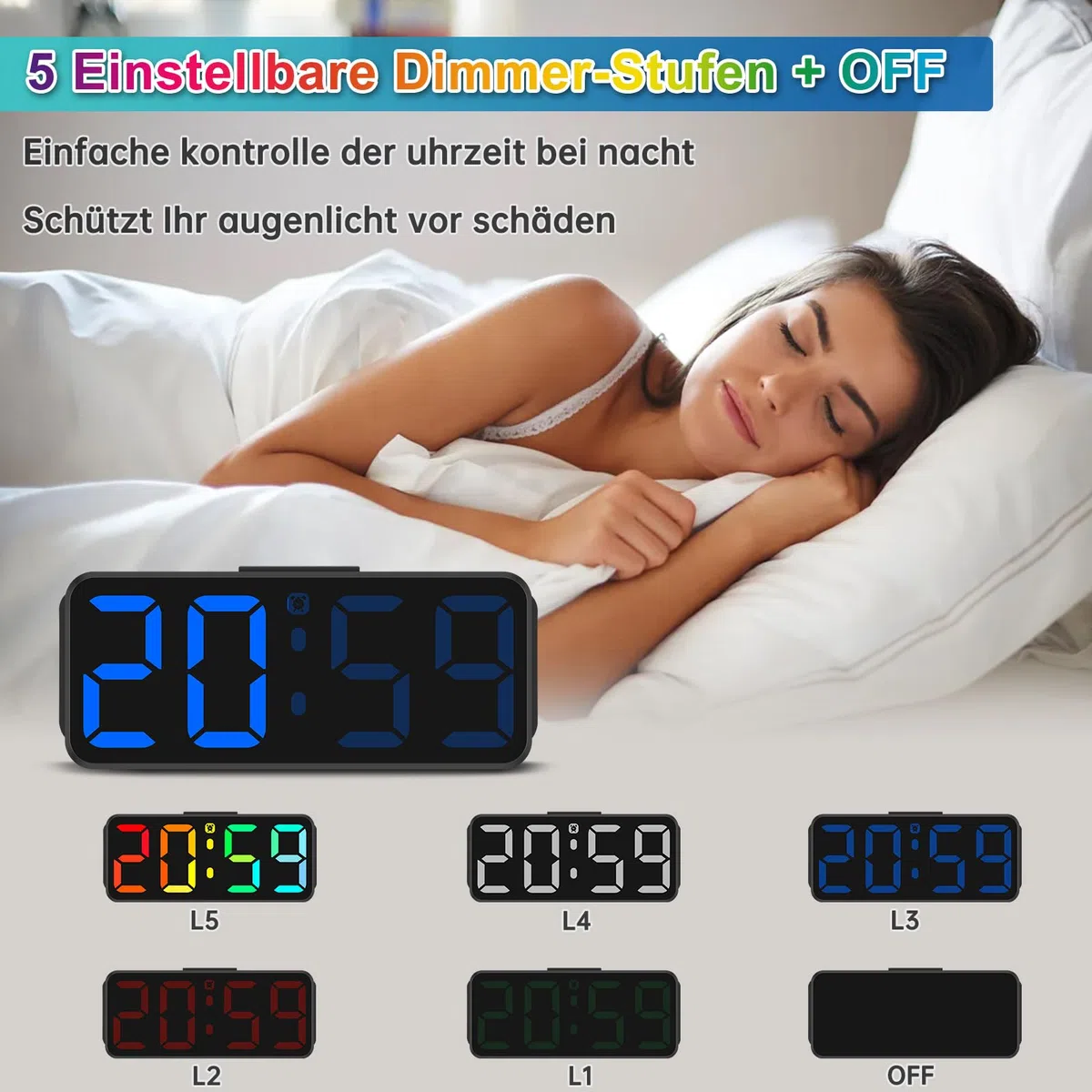 Eachui Wecker Digital RGB Farbiger wecker für Kinder Ohne Ticken Kleiner Uhr Einstellbare Lautstärke und Helligkeit Snooze Funktion 12/24 Stunden Netzbetrieben