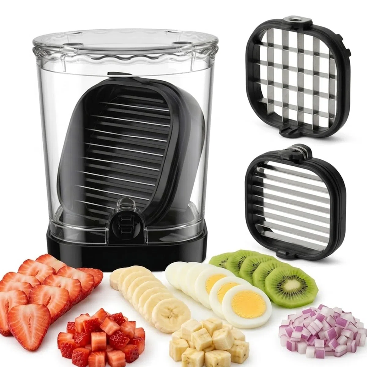 2in1 Obstschneider Becher Edelstahl zum Scheiben und Würfeln，Schwarz | Fruit Slicer Cup, Erdbeerschneider mit Druckplatte, Abnehmbarer Obstschneidebecher für Zwiebel und Eier