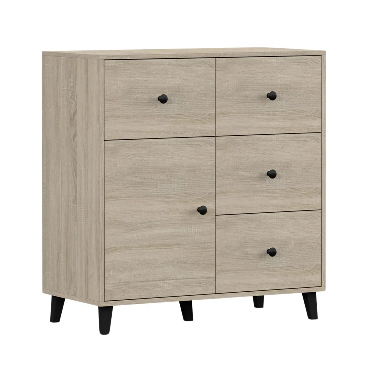 Fabryka Mebli Idźczak Kinderzimmer-Set Fox - Bett, Wandregal, Kinder Kommode, Schreibtisch, Kleiderschrank - Schwarze Holzbeine, Metallgriffe - Modernes Design - Sonoma