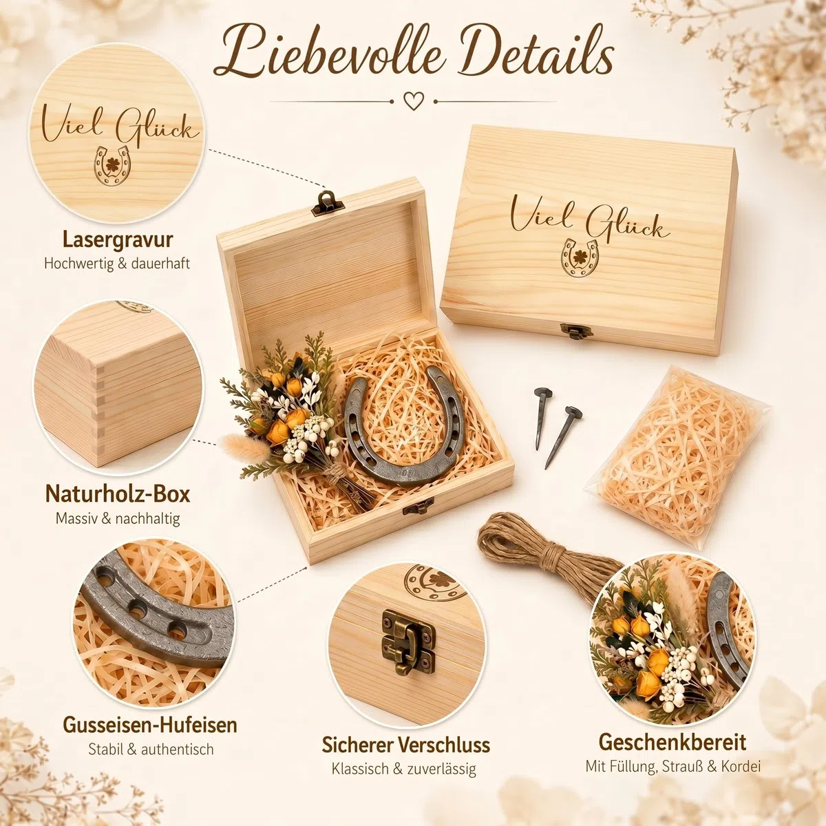 Hestya Hufeisen Glücksbringer Richtfest Geschenk Geburtstag Prüfung Glückshufeisen mit Viel Glück Holzkiste Hufeisen Deko Geschenk zum Einzug Hochzeit Einweihungsgeschenk Geschäftseröffnung