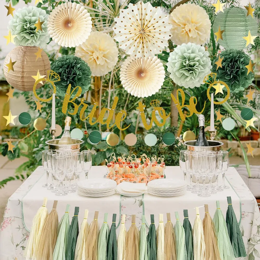 Junggesellinnenabschied Frauen Bride to Be Deko Salbeigrün JGA Deko Bride To Be Banner Papier Girlande Seidenpapier Pom Poms for Brautdusche Dekorationen