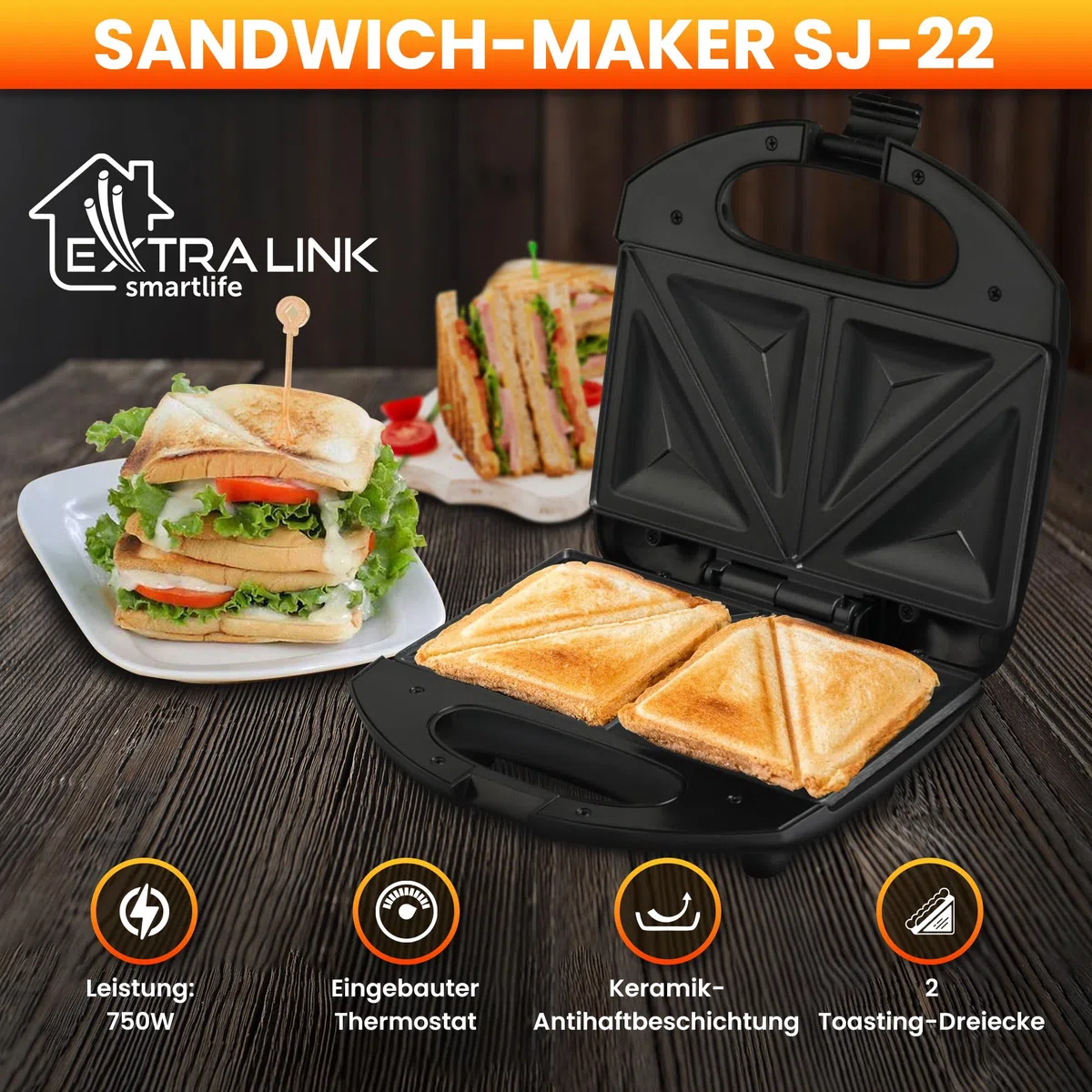 Extralink Sandwichmaker, Toaster Sandwichtoaster 750W - Sandwichtoaster mit Rutschfesten Füßen, Isoliertem Griff, Kontrollleuchten, Antihaftbeschichtung, leicht zu reinigen, dreieckige Toast