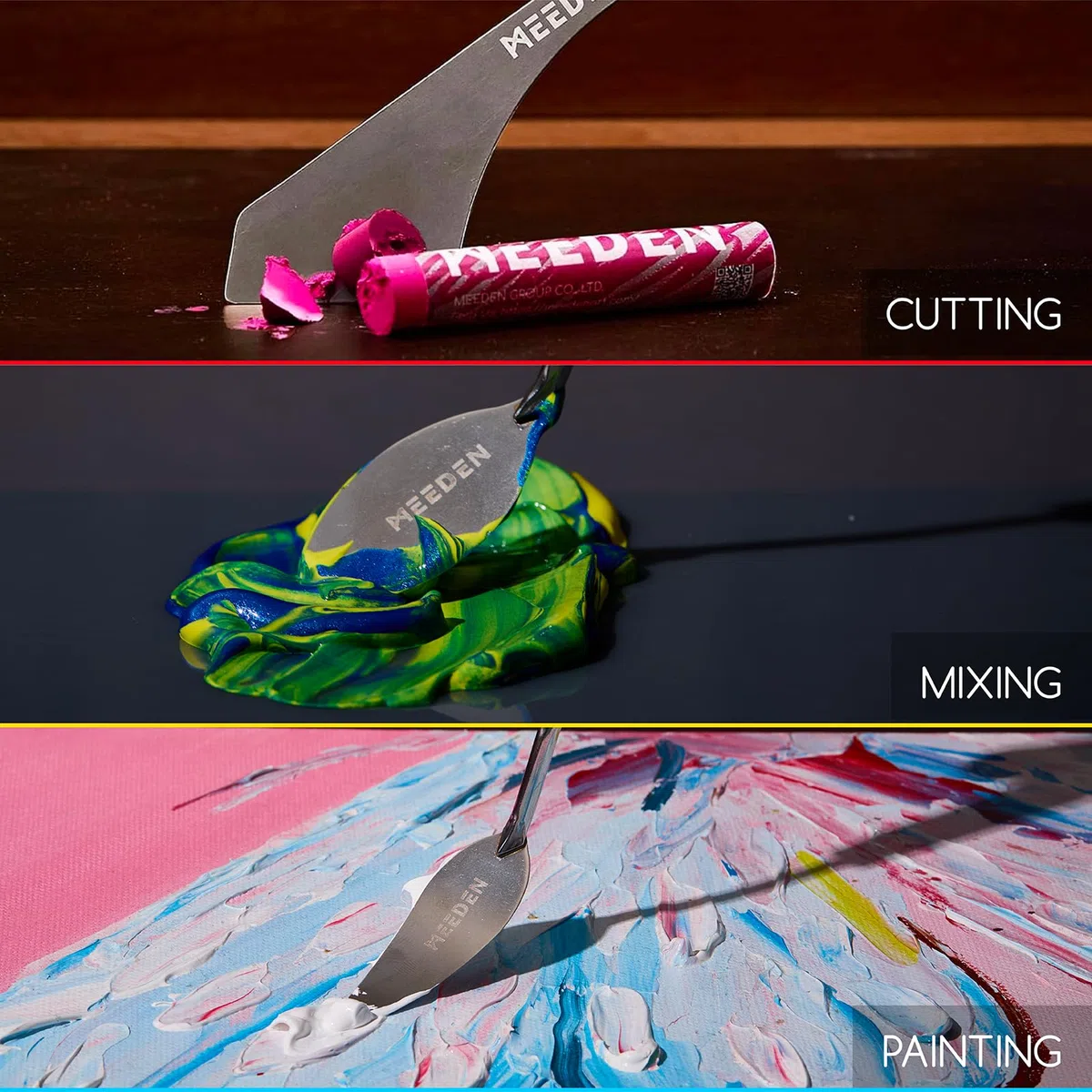 MEEDEN Künstler-Palettenmesser-Set: 3-teiliges Kunstspachtelmesser mit Holzgriff, Edelstahlklingen für Öl, Acryl-Leinwandmalerei