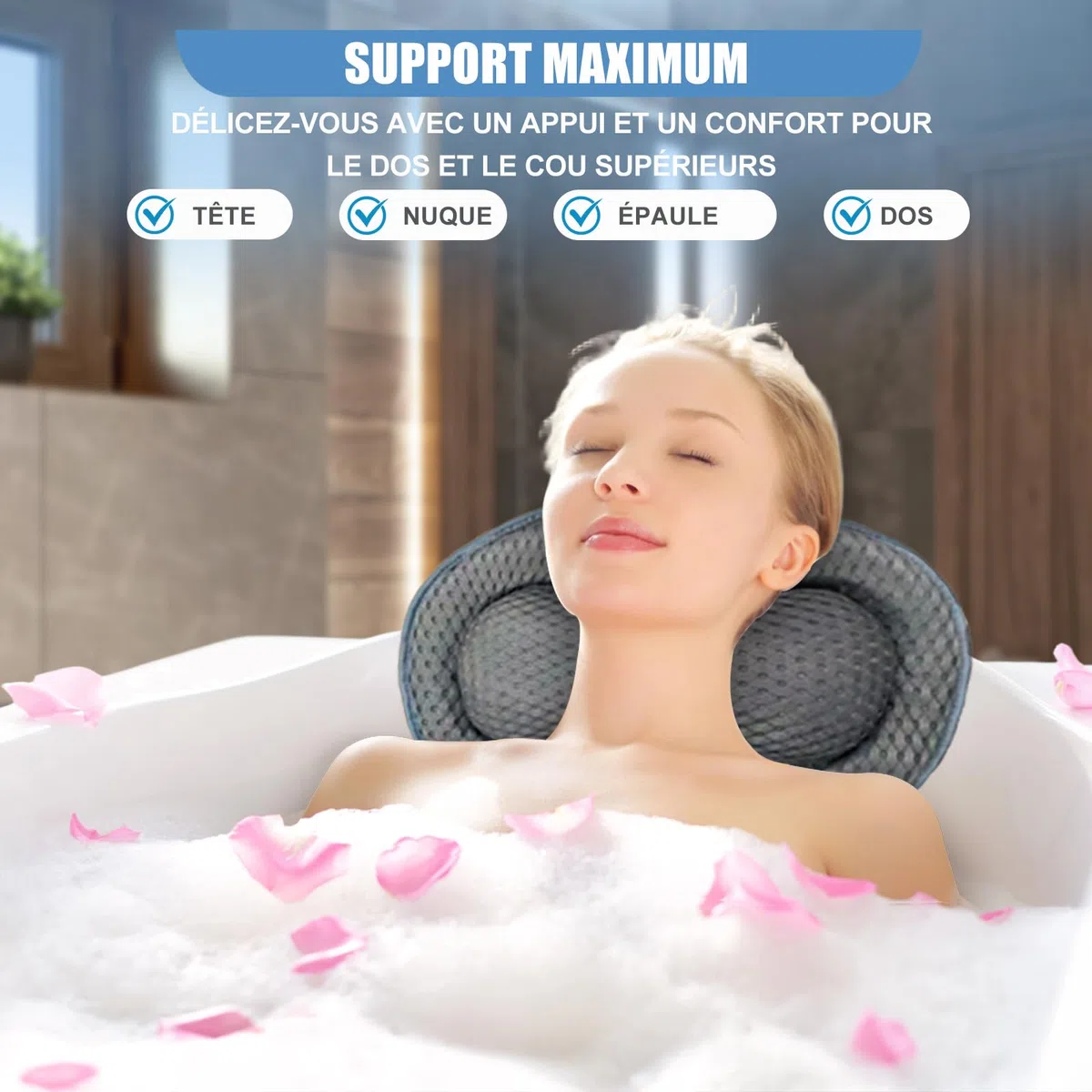 Badewannenkissen mit 6 Saugnäpfen & Haken - Ergonomisches Nackenkissen mit Memory-Schaum & 4D Air Mesh, Schnelltrocknend, Für alle Badewannen (Grau)