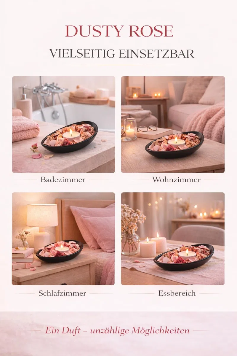 RaumWerk Premium Duft Potpourri Set Dusty Rose mit Schale & 3 Teelichtern – 60g Natur Potpourri – Elegante Dekoschale Schwarz – Floraler Raumduft für Wohnzimmer, Bad & Schlafzimmer – Geschenkidee